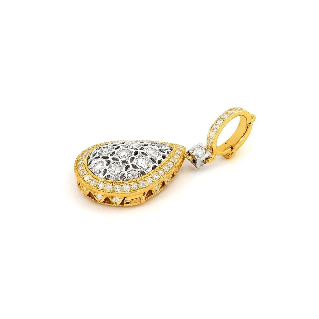 Artisan Vitolo - Pendentif en or blanc et jaune 18 carats avec pendentif en forme de goutte de diamant en vente