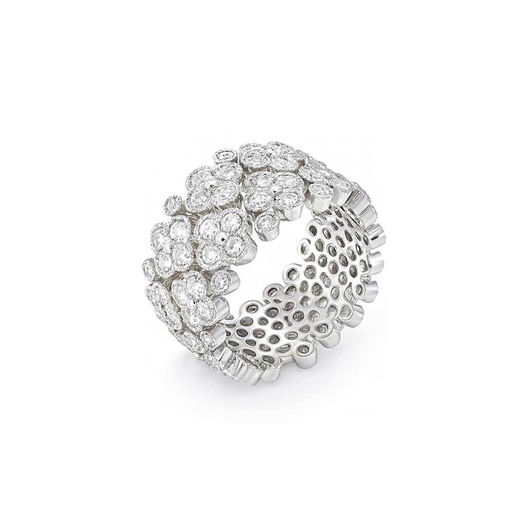 Vitolo Bague à large bande en or blanc 18 carats avec diamants et fleurs en vente 4