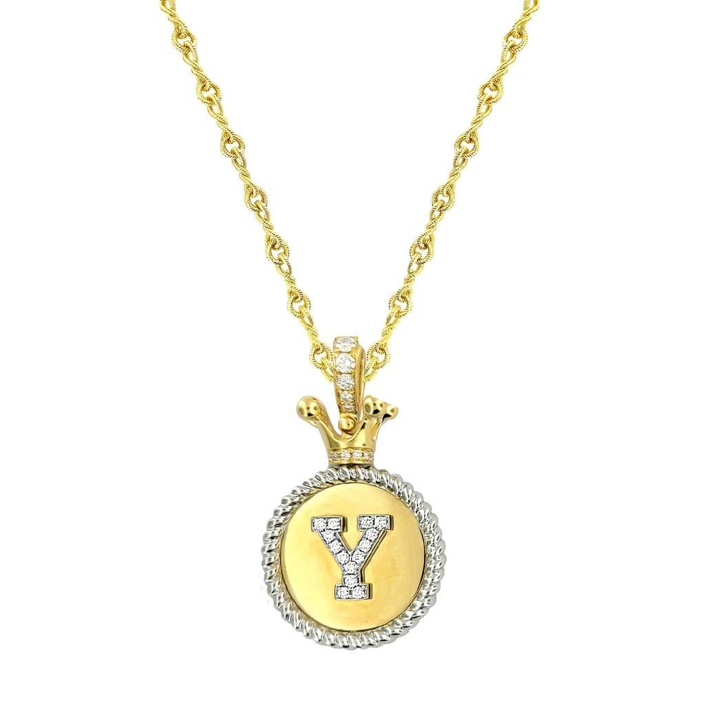 Vitolo 18K Weiß & Gelbgold Diamond Crown Initial Anhänger - Zwei-Ton-Luxus (Rundschliff) im Angebot
