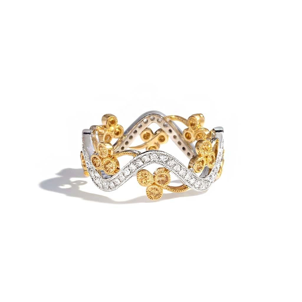 Vitolo Bague à vagues florales en or blanc et jaune 18K avec diamants Pour femmes en vente