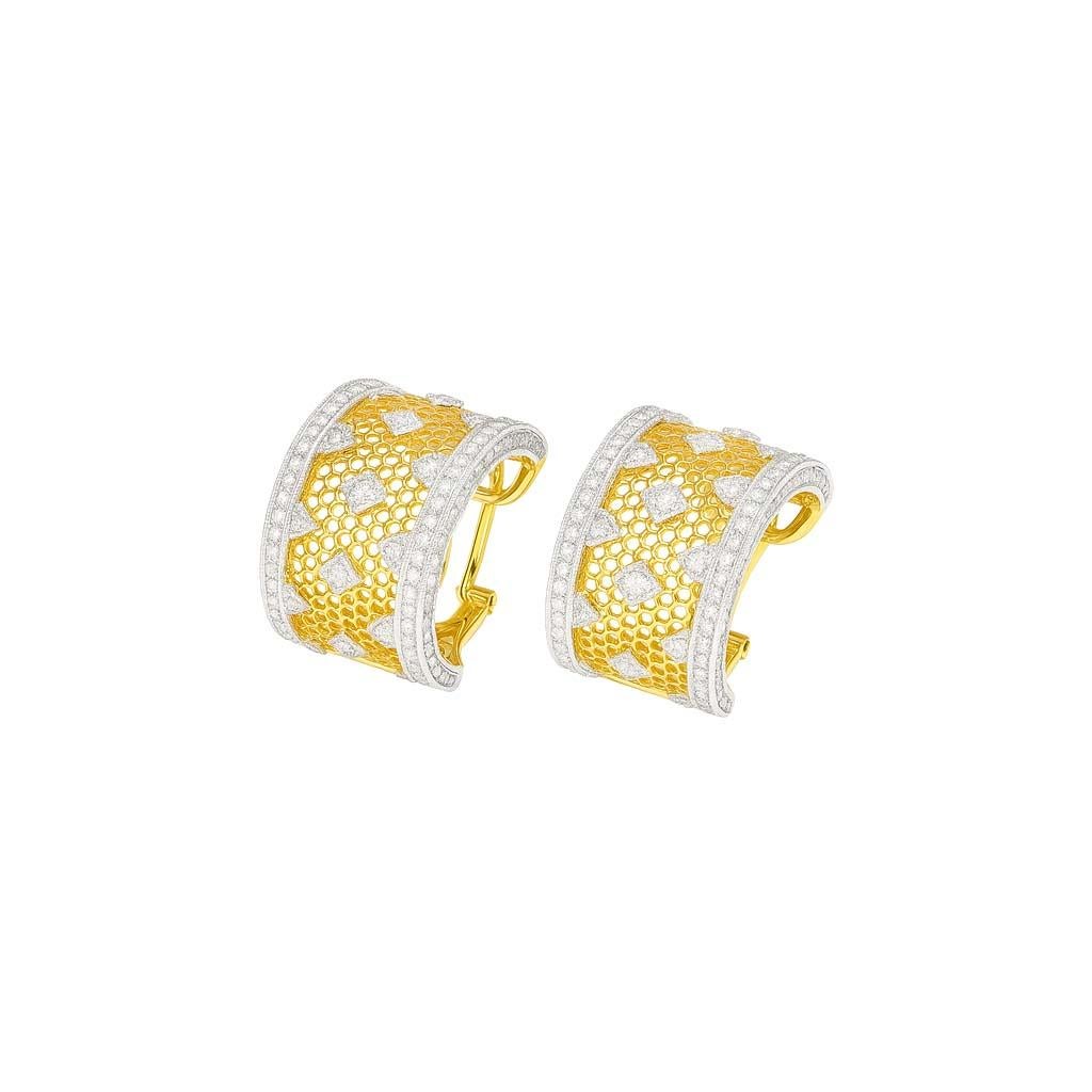 Artisan Boucles d'oreilles nid d'abeilles en or jaune et blanc 18K avec diamants en vente