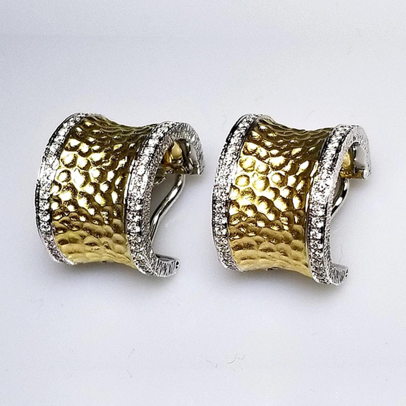 Artisan Vitolo Hammer Finish Two-Tone 18 Karat Italian Diamond Earrings For Sale