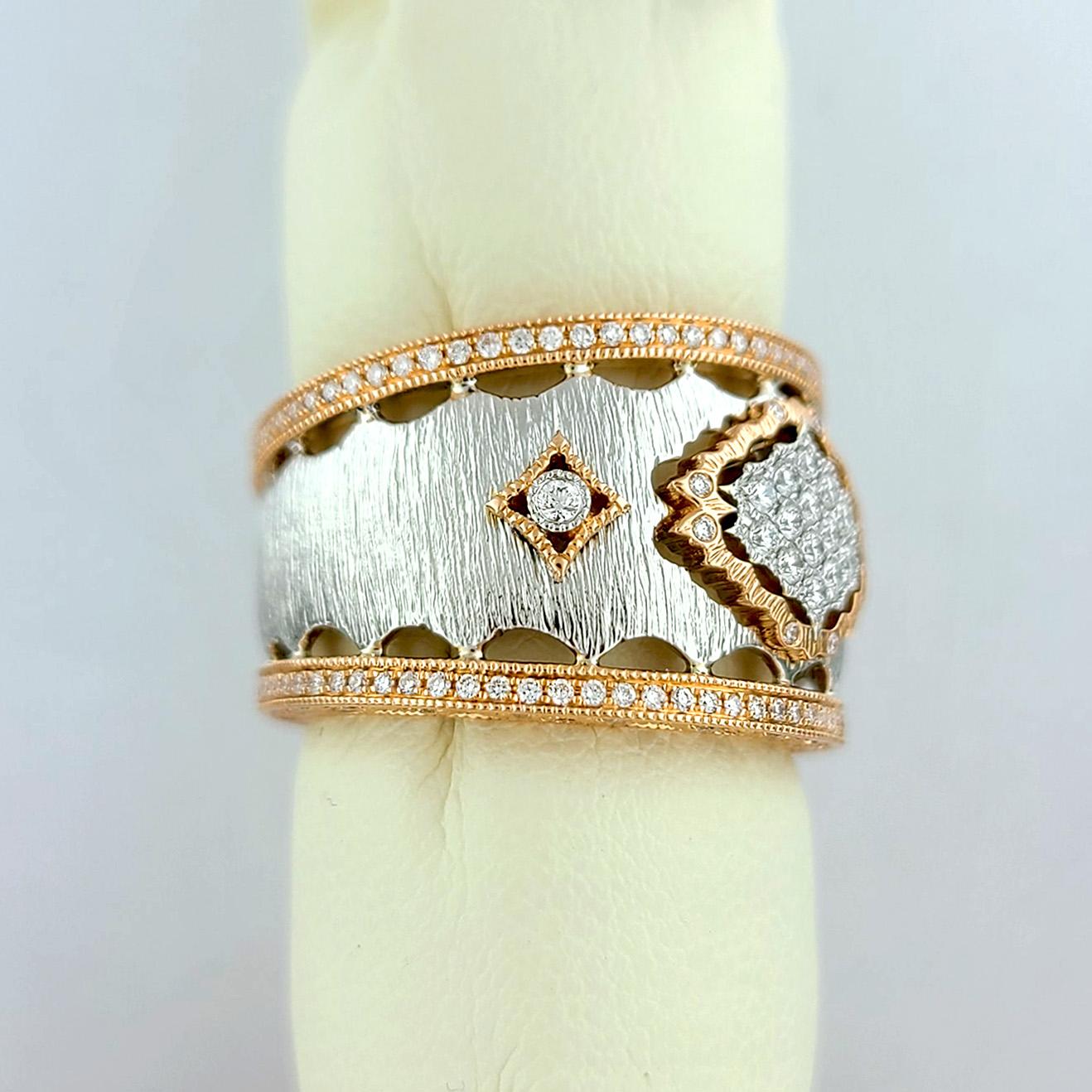 Round Cut Vitolo Two-Tone 18 Karat Gold Italian Diamond Ring For Sale