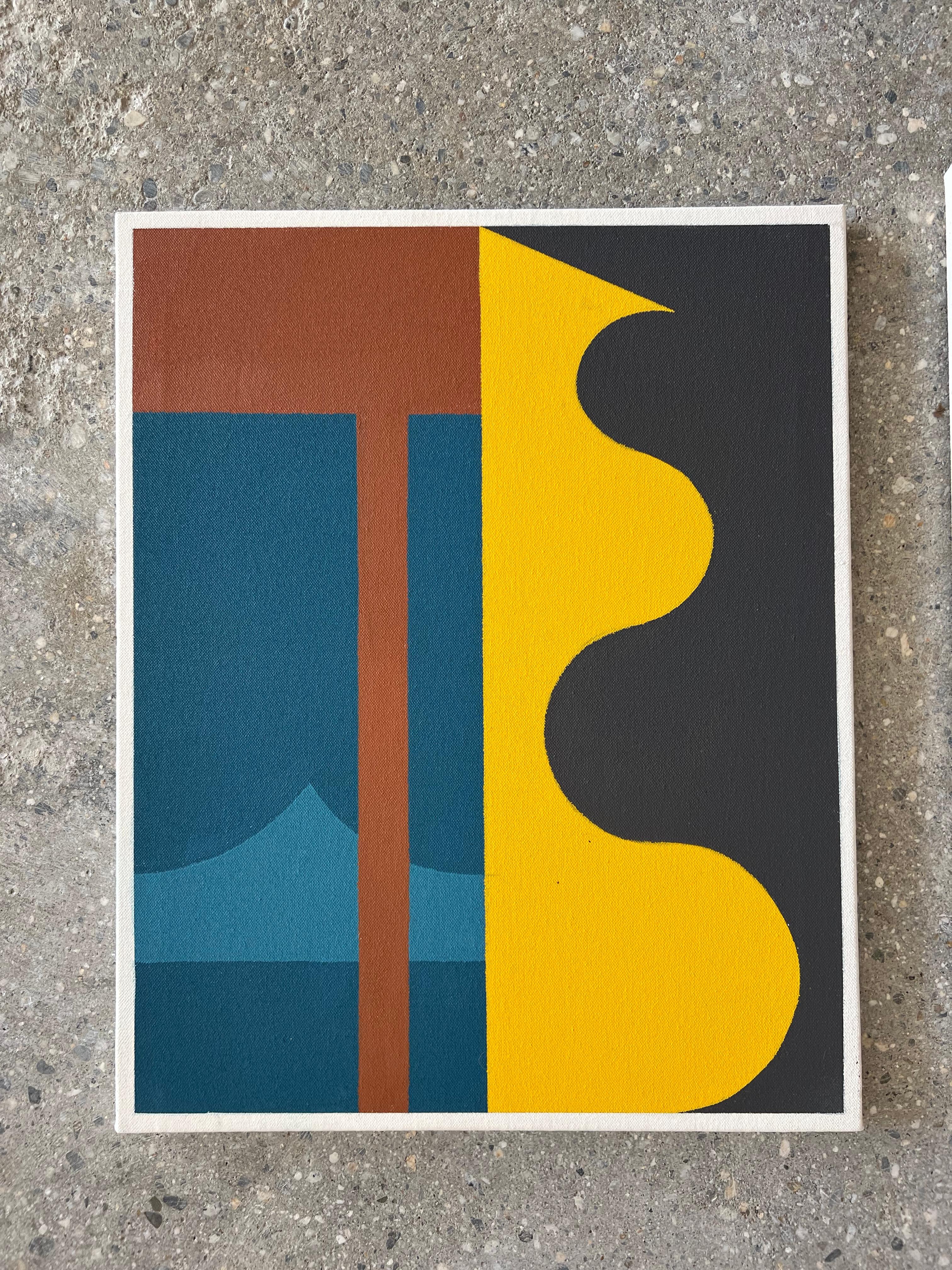 Forme di teatro e palcoscenico, rosso, blu e giallo, Bauhaus su tela - Painting di Vitor Mejuto