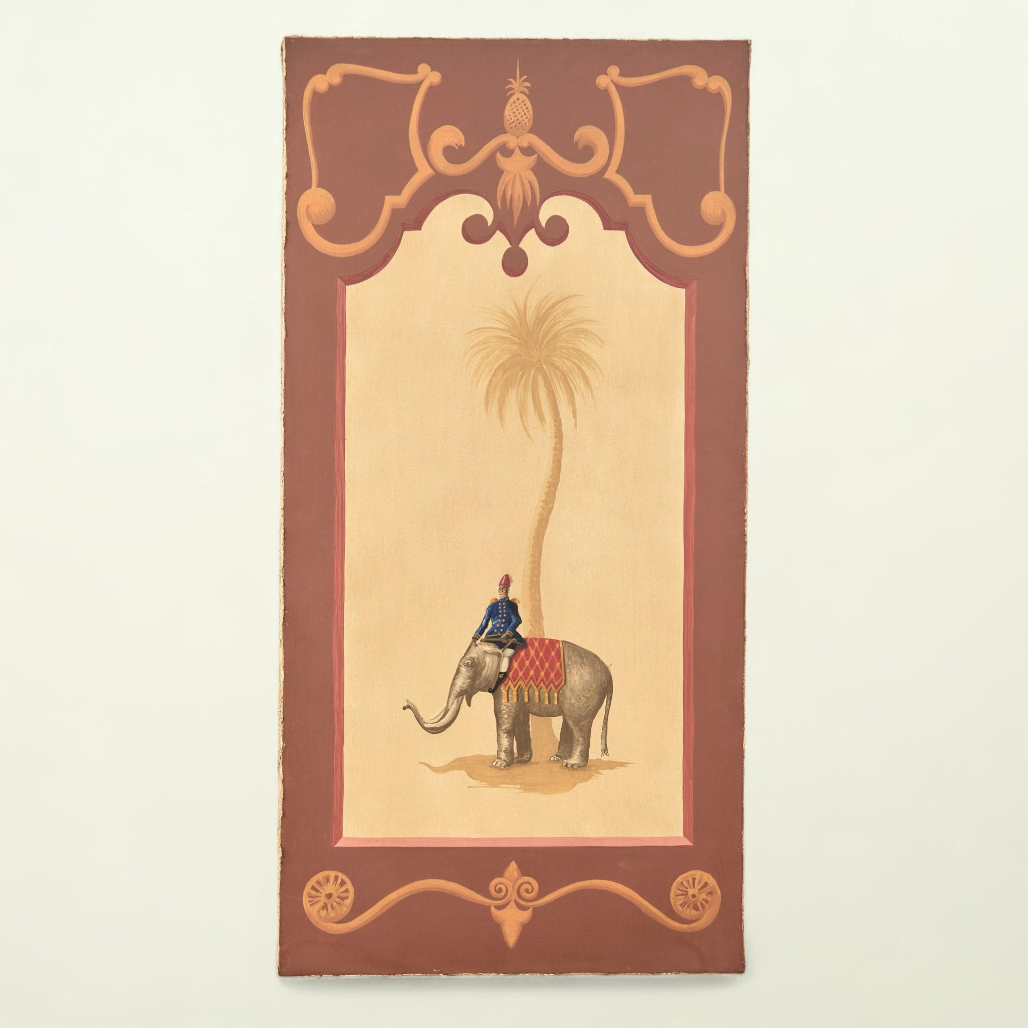 Pair of Vintage Italian Paintings of Elephants with Palm Trees For Sale 8