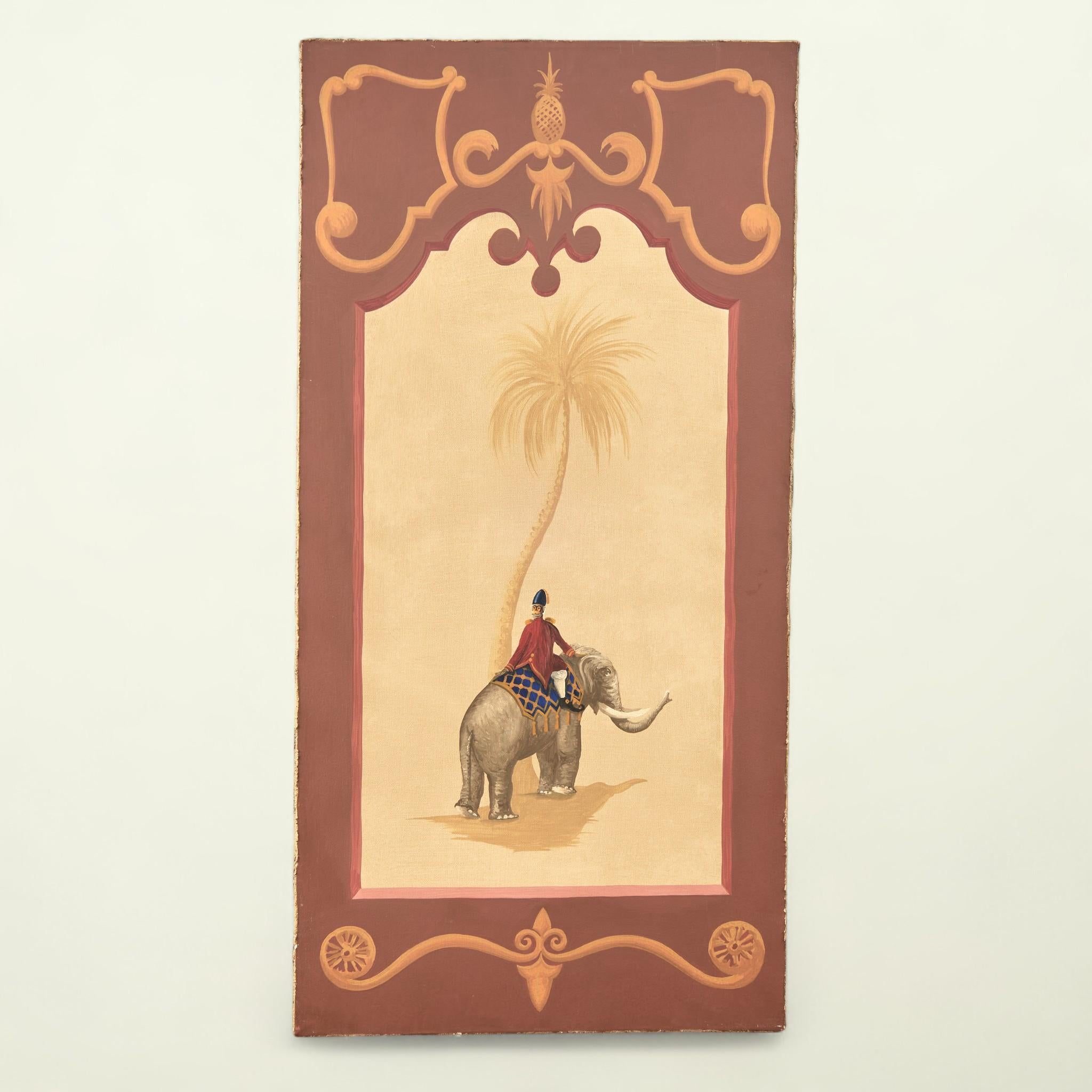 Pair of Vintage Italian Paintings of Elephants with Palm Trees - Beige Landscape Painting by Vitorio Splendore