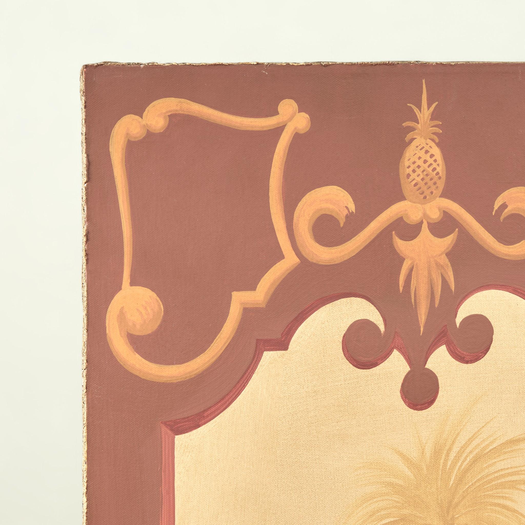 Fanciful pair of mid century Italian decorative paintings on canvas of elephants and riders under palm trees with stylized neoclassical painted frames. Signed Vitorio Splendore on the backs.