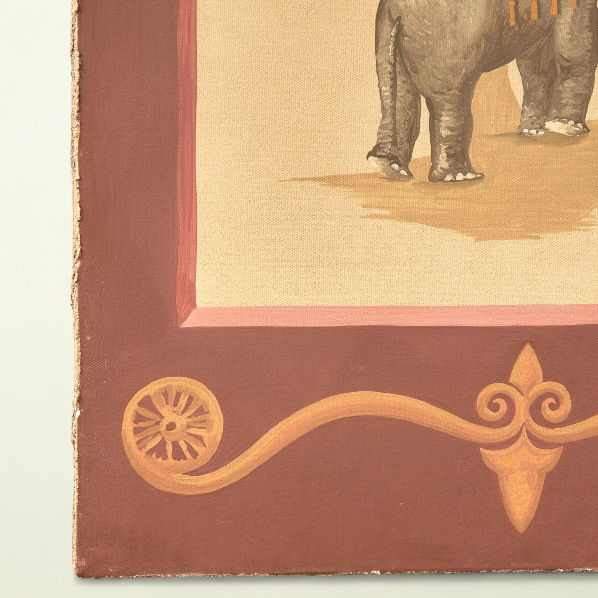 Pair of Vintage Italian Paintings of Elephants with Palm Trees For Sale 4