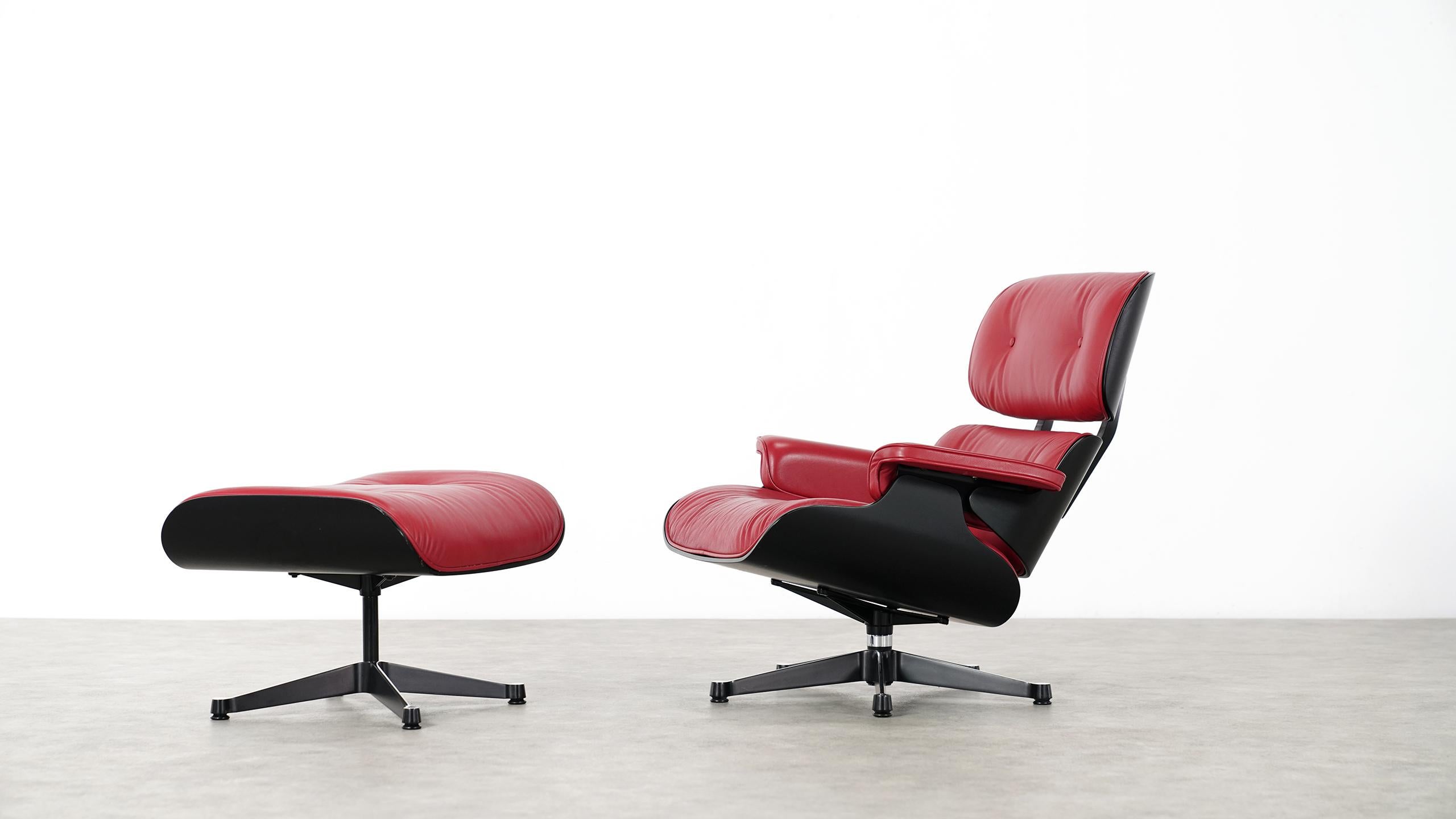 Mid-20th Century Vitra Charles Eames Lounge Chair and Ottoman by Vitra Red Leather, Black Shells