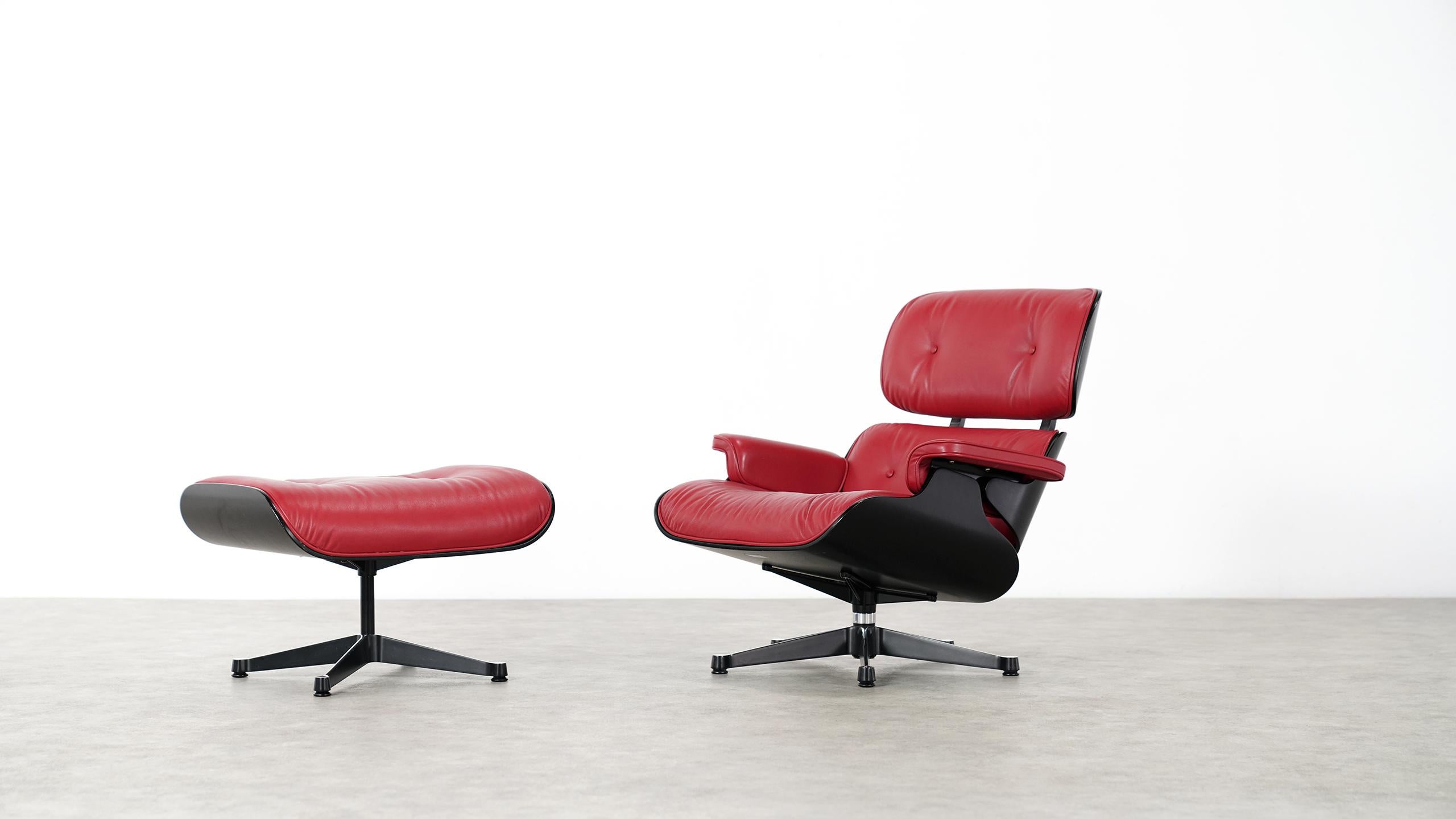 Vitra Charles Eames Lounge Chair and Ottoman by Vitra Red Leather, Black Shells 1