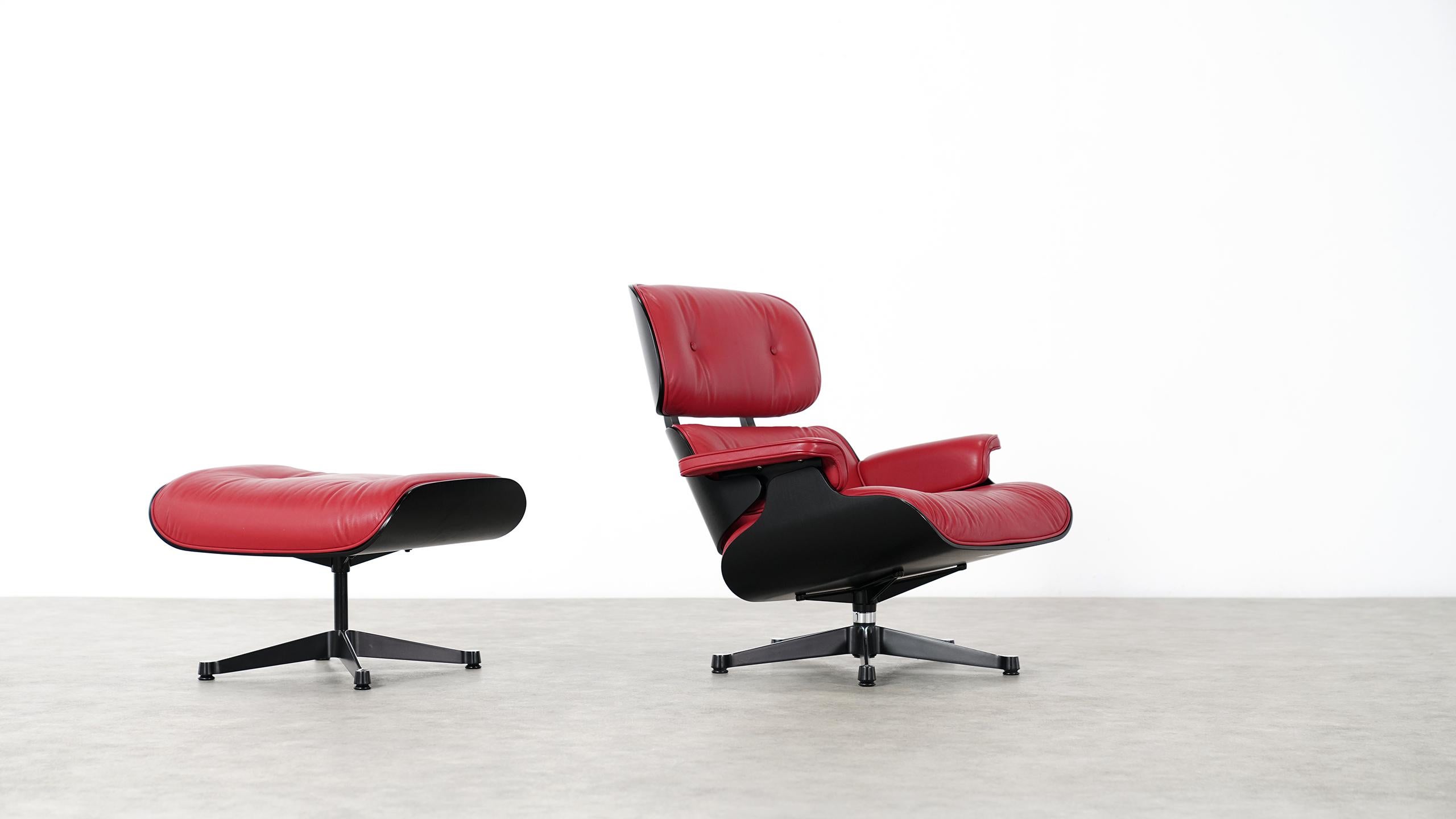 Vitra Charles Eames Lounge Chair and Ottoman by Vitra Red Leather, Black Shells 2