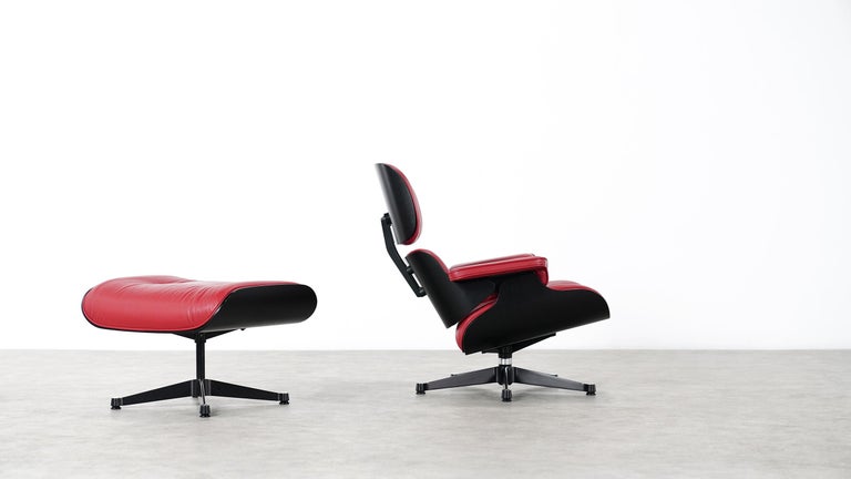 Vitra Charles Eames Lounge Chair And Ottoman By Vitra Red Leather Black Shells At 1stdibs
