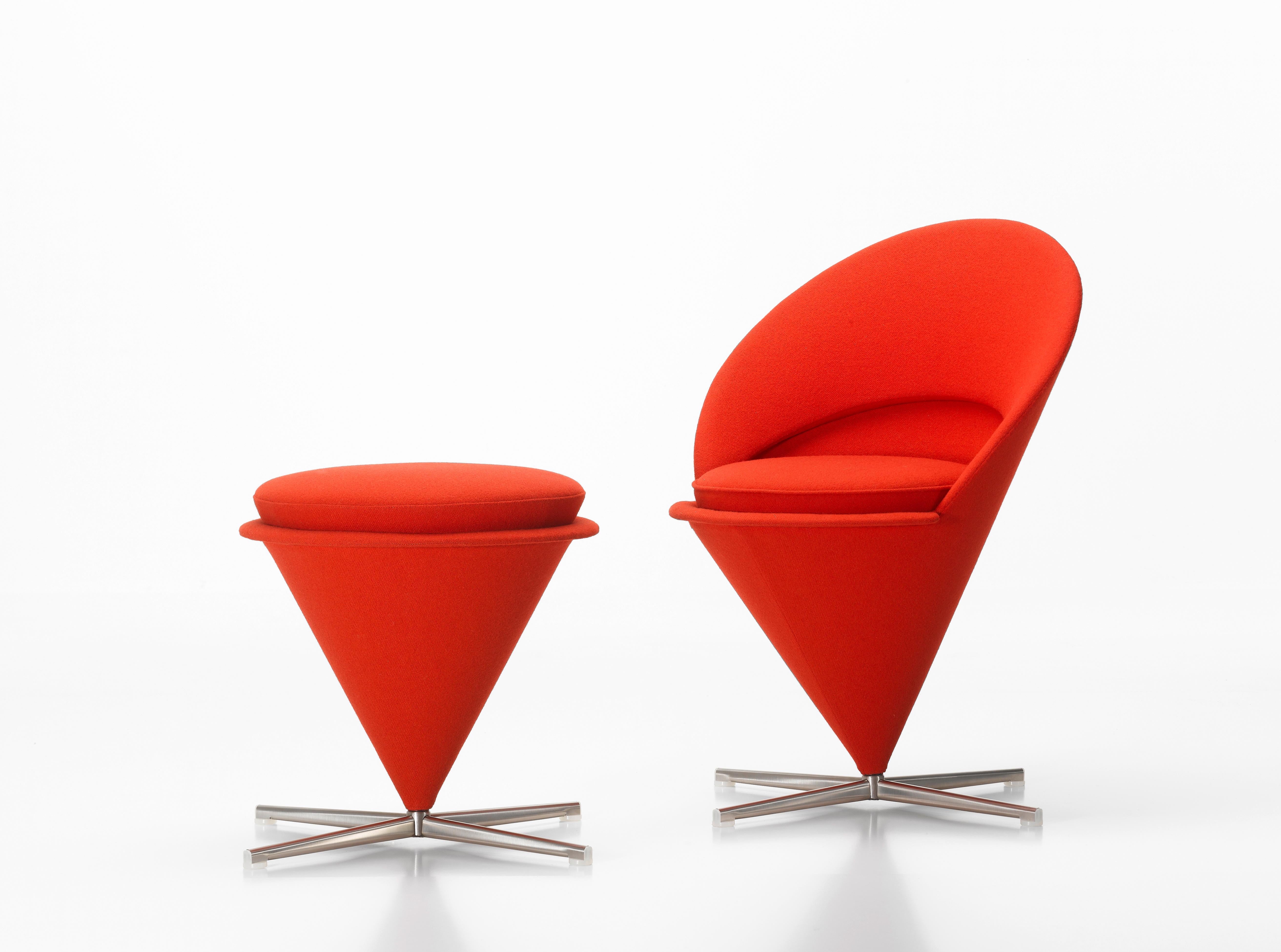 These items are currently only available in the United States.

Originally designed for a Danish restaurant, the Cone chair takes its shape from the classic geometric figure for which it is named. The cone-shaped seat is mounted at its point on a