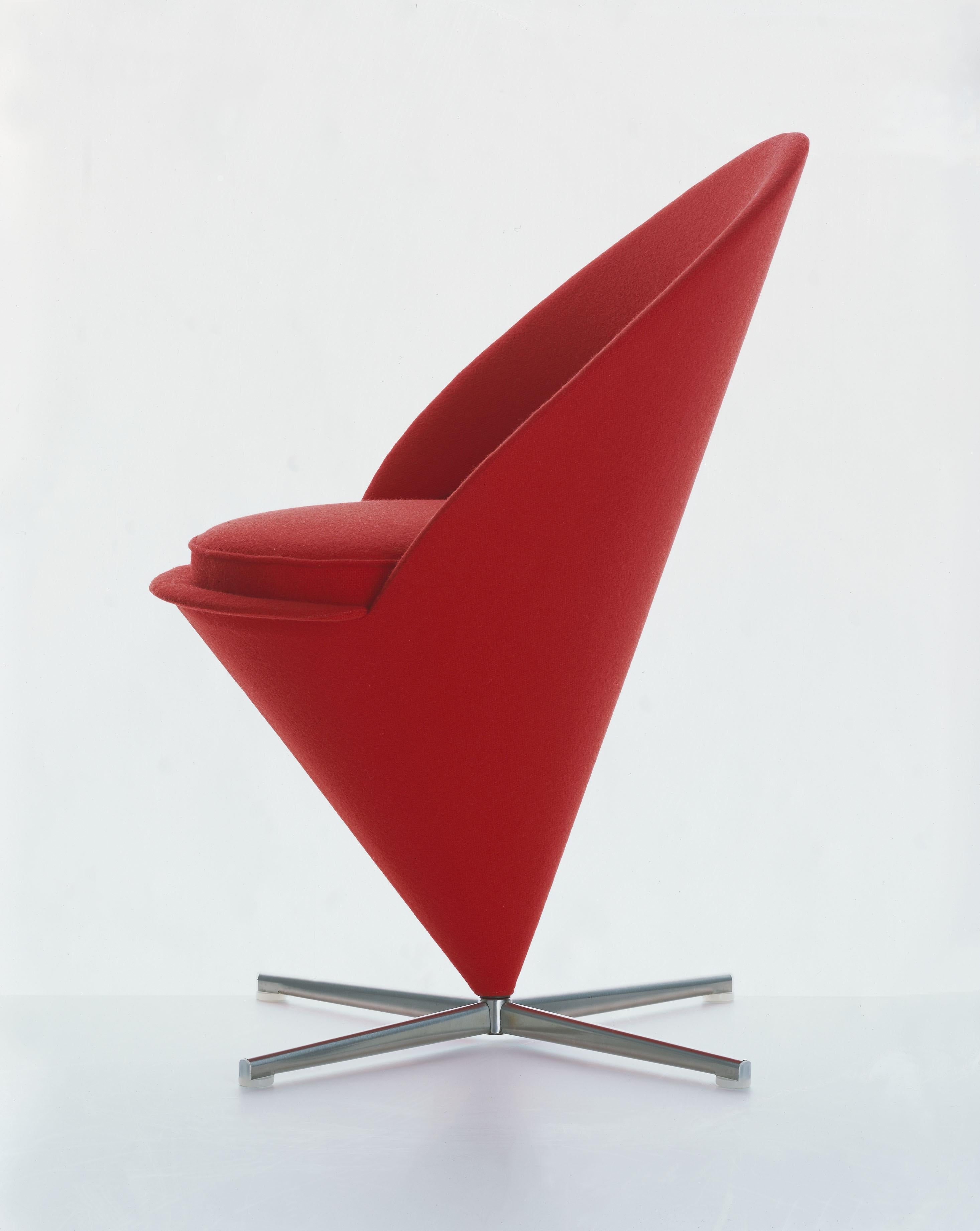 These items are currently only available in the United States.

Originally designed for a Danish restaurant, the Cone chair takes its shape from the classic geometric figure for which it is named. The cone-shaped seat is mounted at its point on a