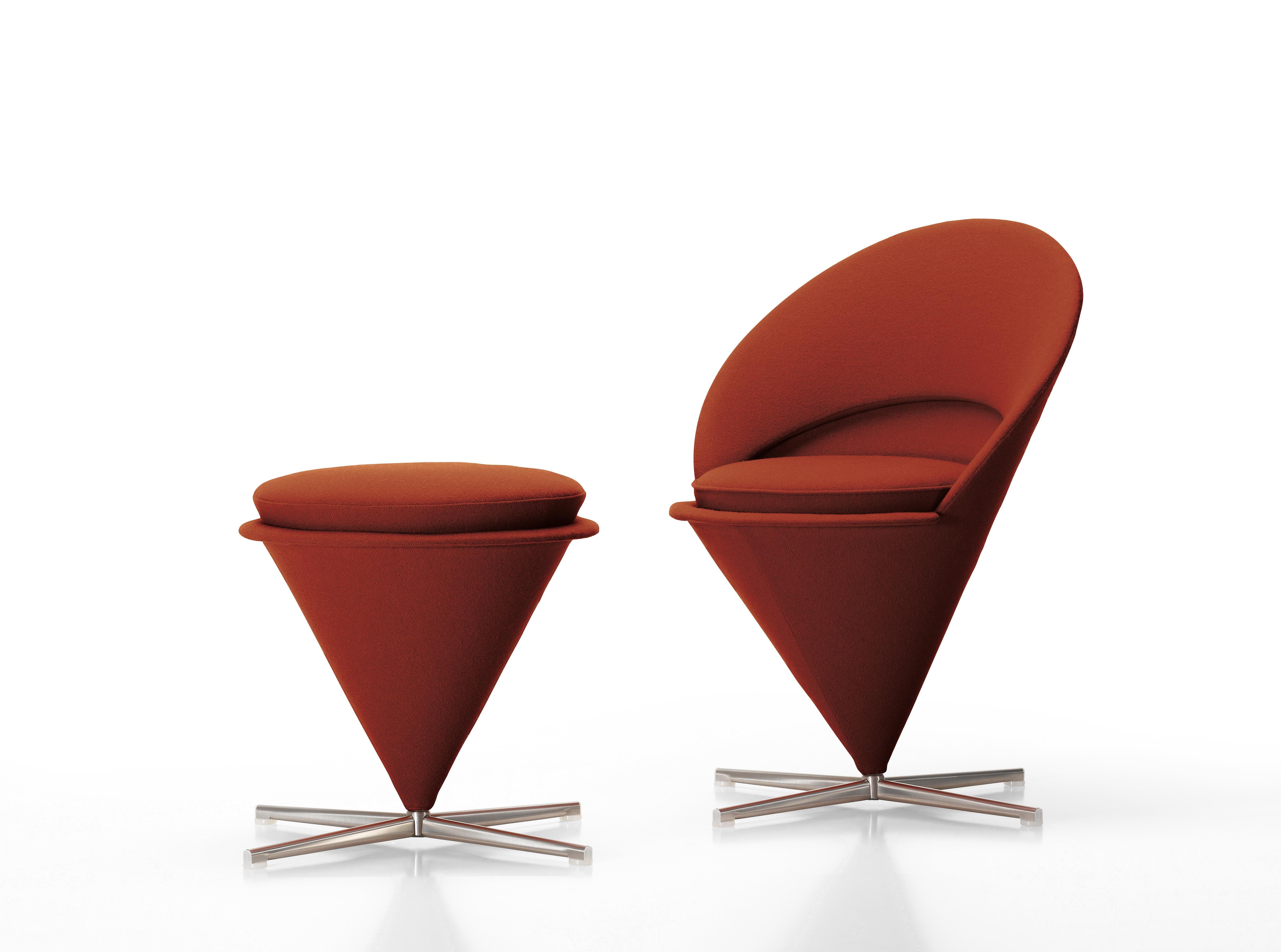 These items are currently only available in the United States.

Originally designed for a Danish restaurant, the cone chair takes its shape from the classic geometric figure for which it is named. The cone-shaped seat is mounted at its point on a