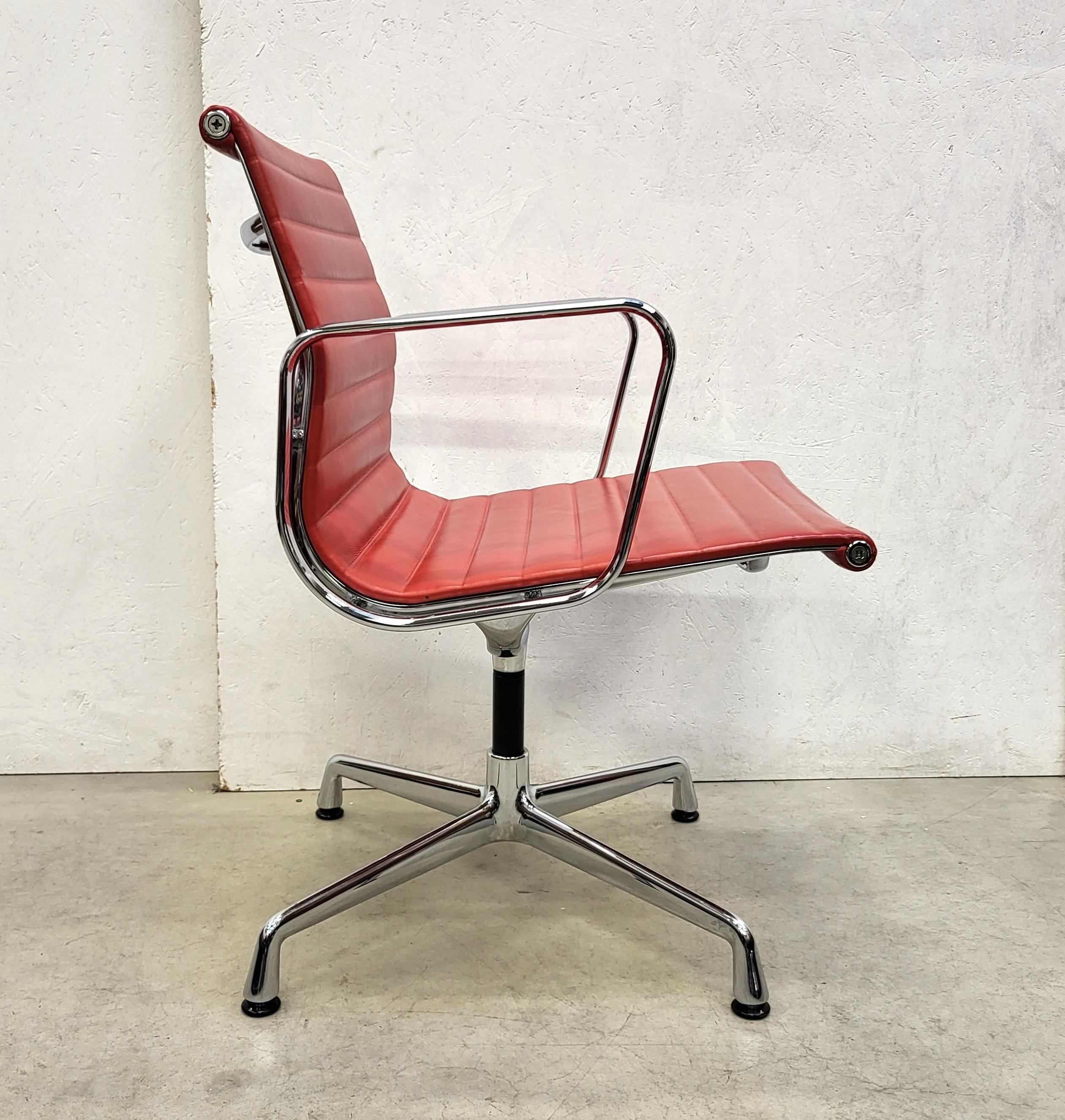 German Vitra Ea108 Aluminium Chair by Charles Eames Red Leather, Set of 4