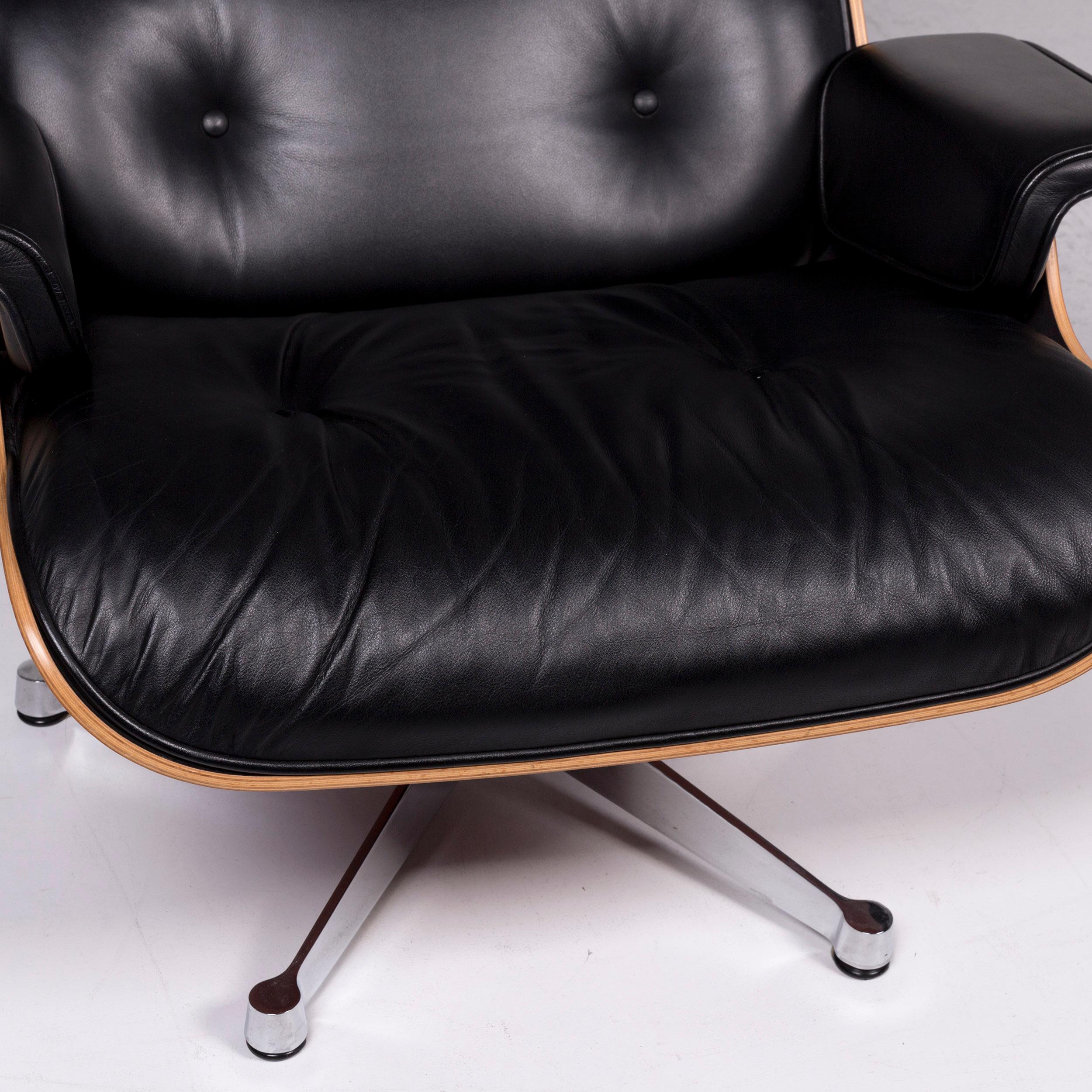German Vitra Eames Lounge Chair Leather Armchair Black Incl. Stool Cherrywood Club