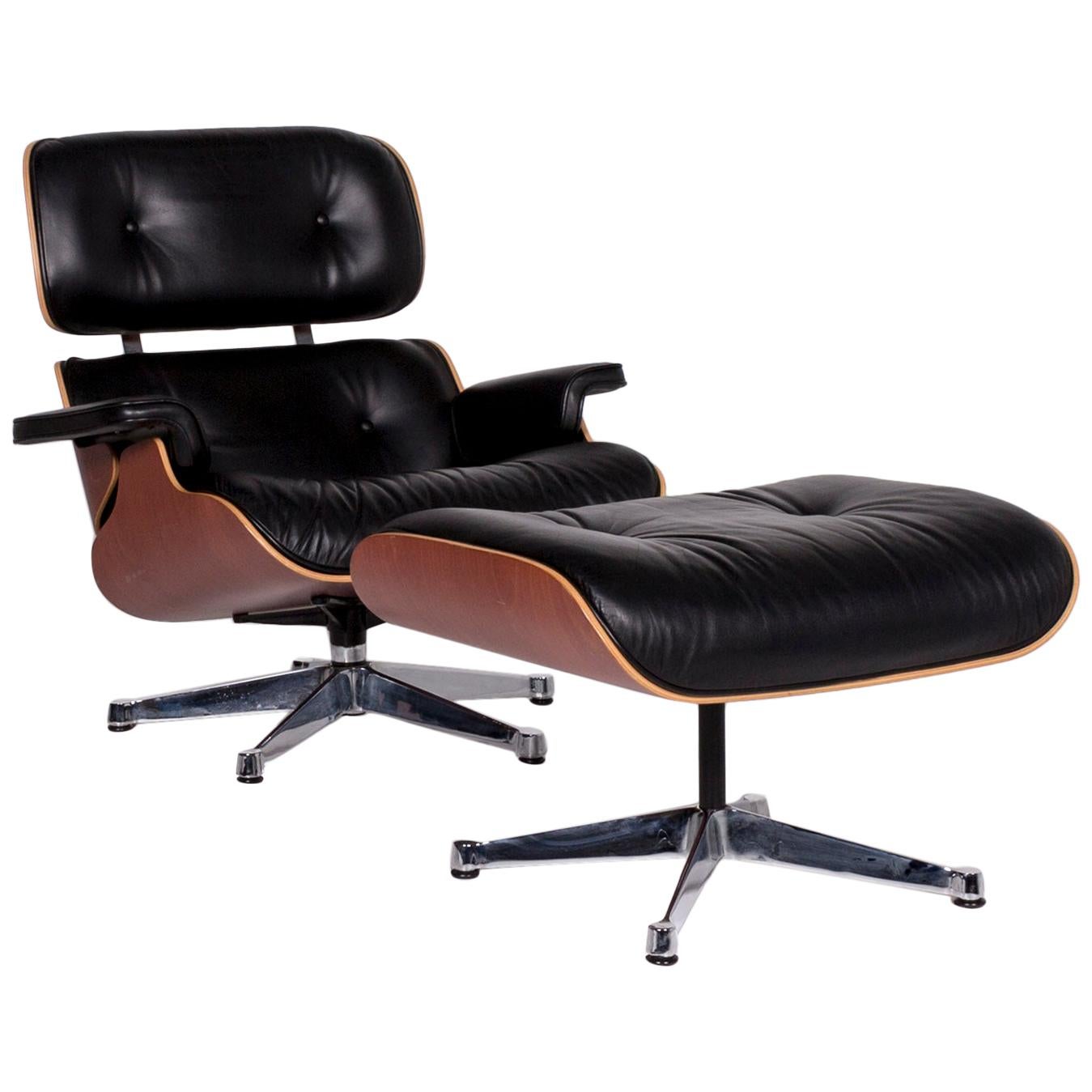 Vitra Eames Lounge Chair Leather Armchair Black Incl. Stool Cherrywood Club