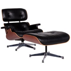 Vitra Eames Lounge Chair Leather Armchair Black Incl. Stool Cherrywood Club