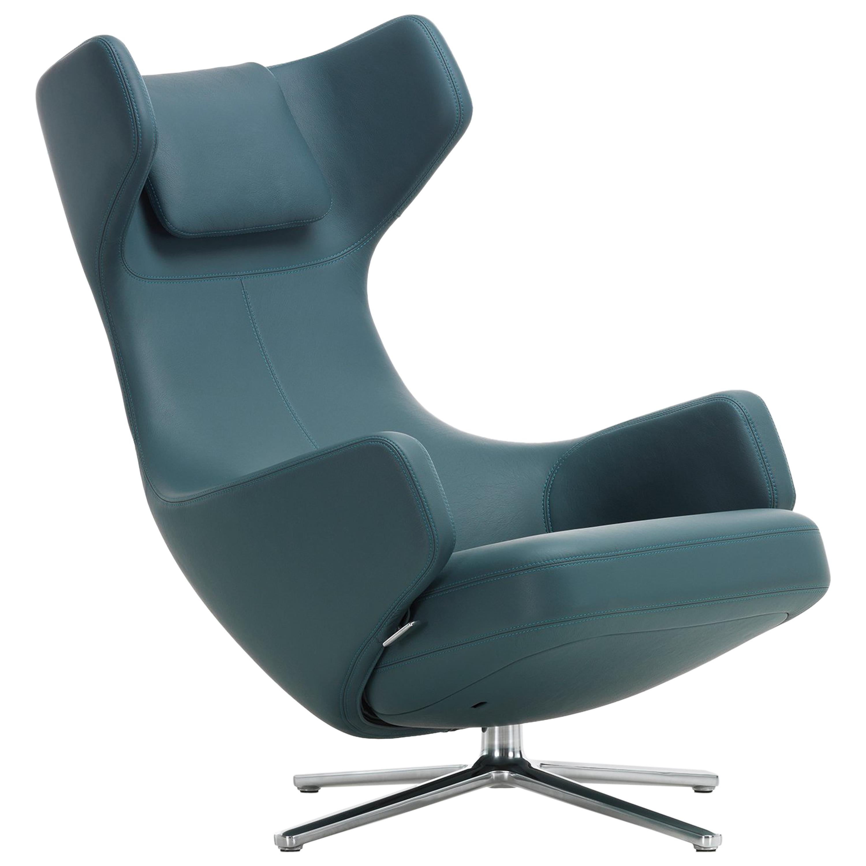 Vitra Grand Repos Lounge Chair in Smoke Blue Leather Premium by Antonio Citterio For Sale