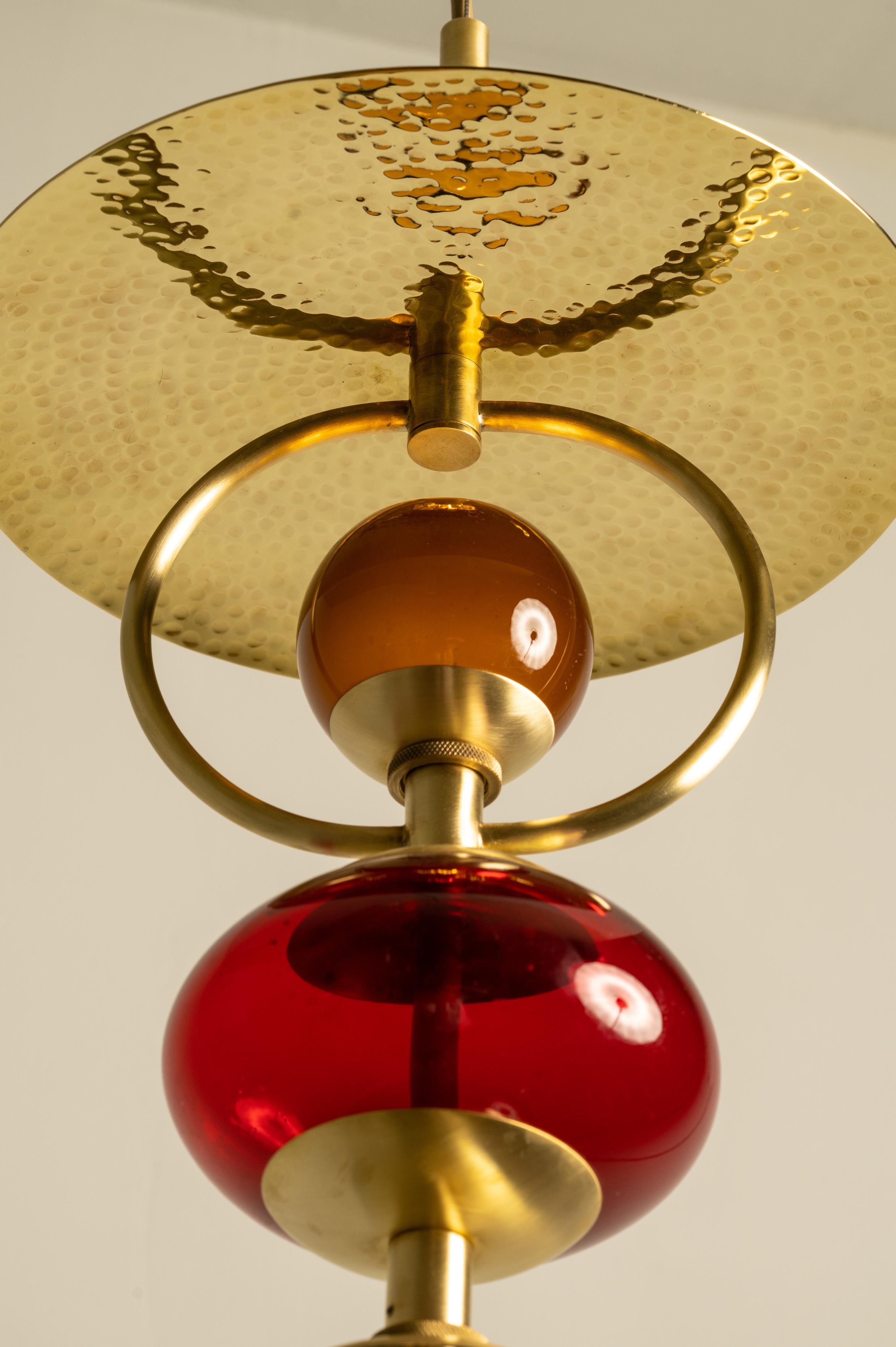 Mid-Century Modern Organic Modern Pendant Light Brushed Brass Blown Glass Globes Red For Sale
