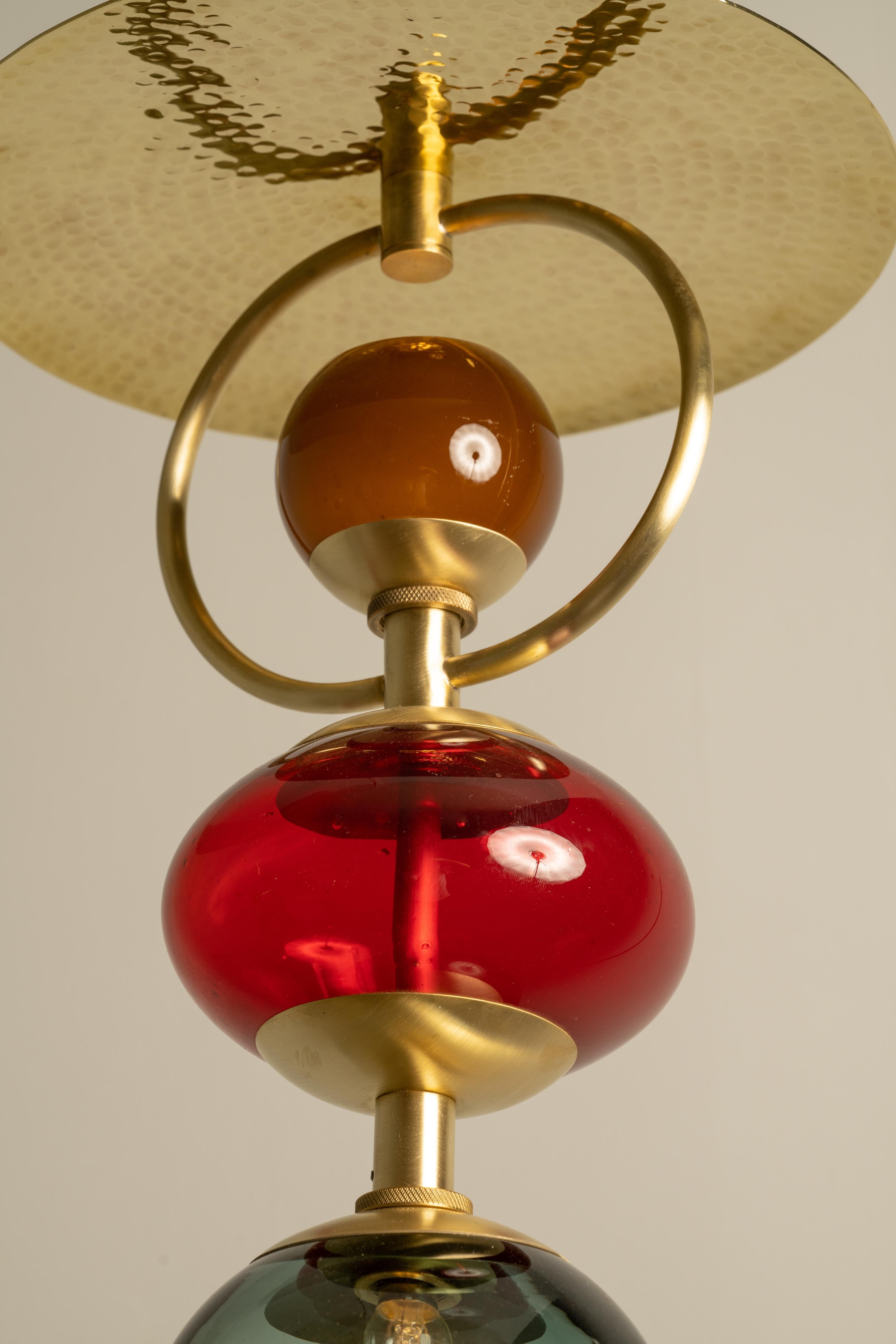 Mexican Organic Modern Pendant Light Brushed Brass Blown Glass Globes Red For Sale