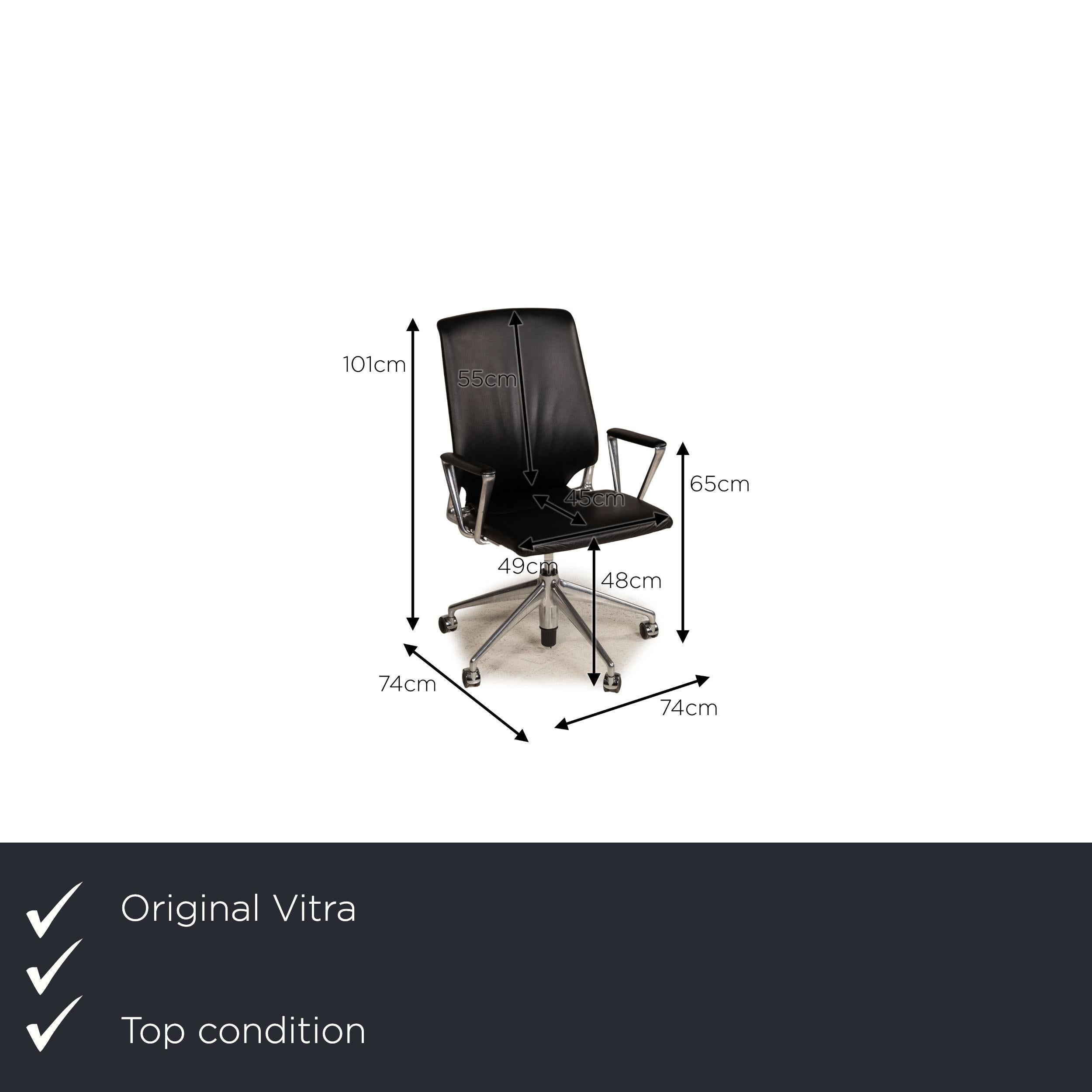 We present to you a Vitra leather chair black office chair.

Product measurements in centimeters:

depth: 74
width: 74
height: 101
seat height: 48
rest height: 65
seat depth: 45
seat width: 49
back height: 55.


 