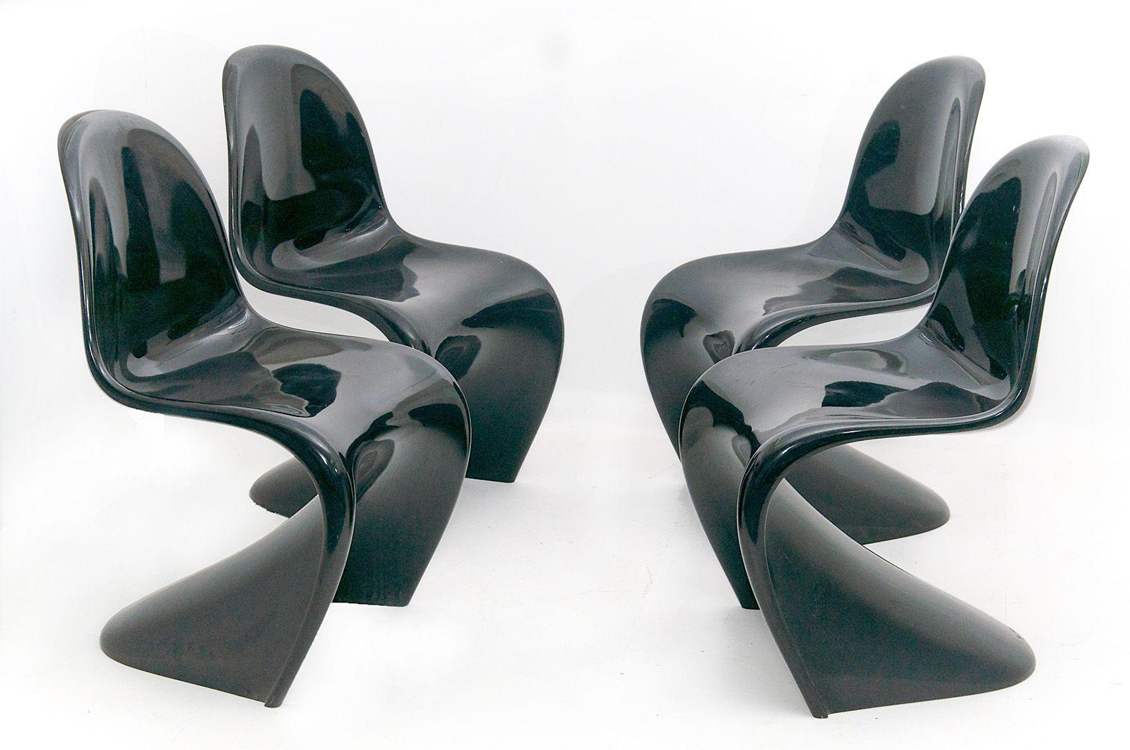 Vitra, Panton Classic Chairs, by Verner Panton, Black Lacquered, Set of Four 3