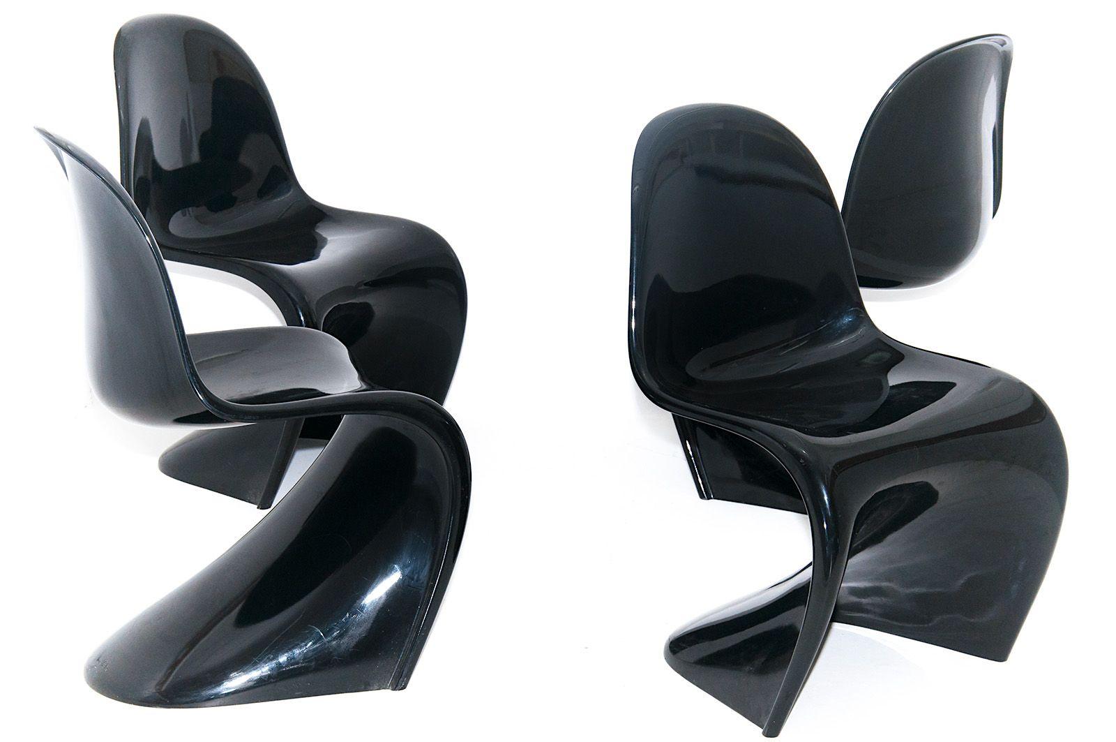 Fiberglass Vitra, Panton Classic Chairs, by Verner Panton, Black Lacquered, Set of Four