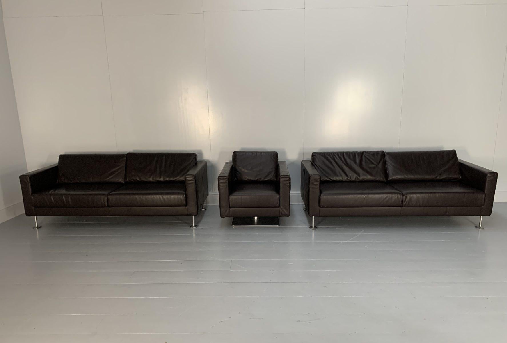 Contemporary Vitra “Park” 2 Sofa & Armchair Suite, in Dark Brown Leather For Sale