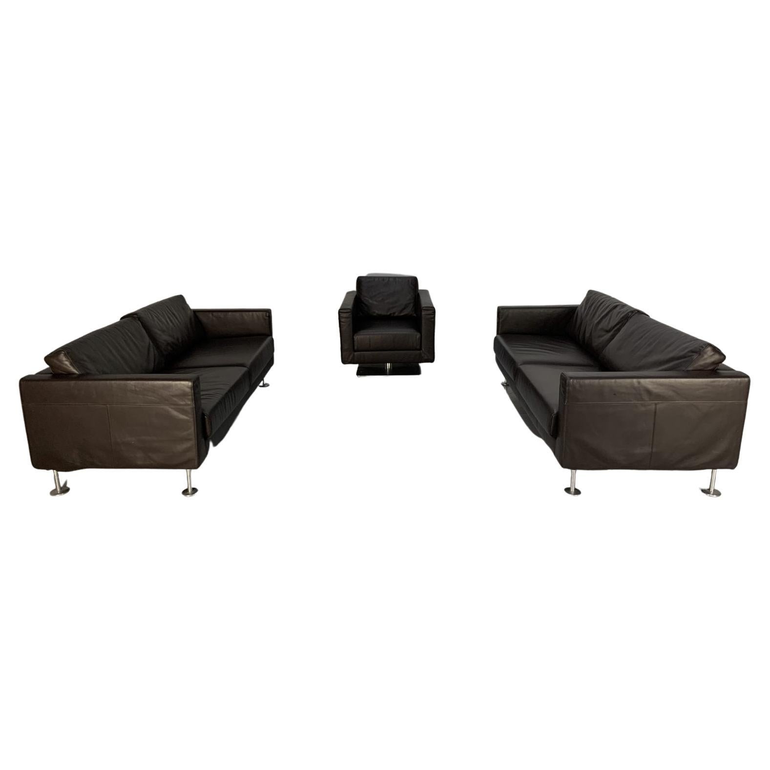 Vitra “Park” 2 Sofa & Armchair Suite, in Dark Brown Leather For Sale