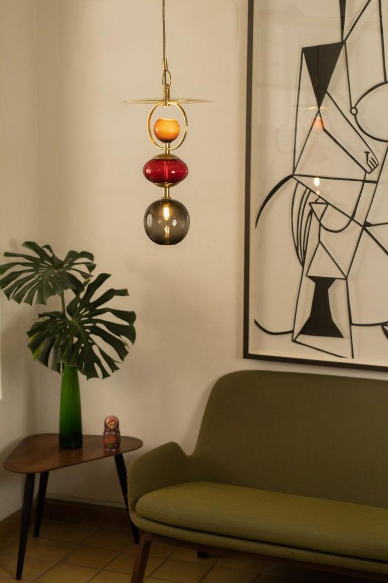 Vitra Pendant Light w/Brushed Brass and Blown Glass Globes, UL Made in