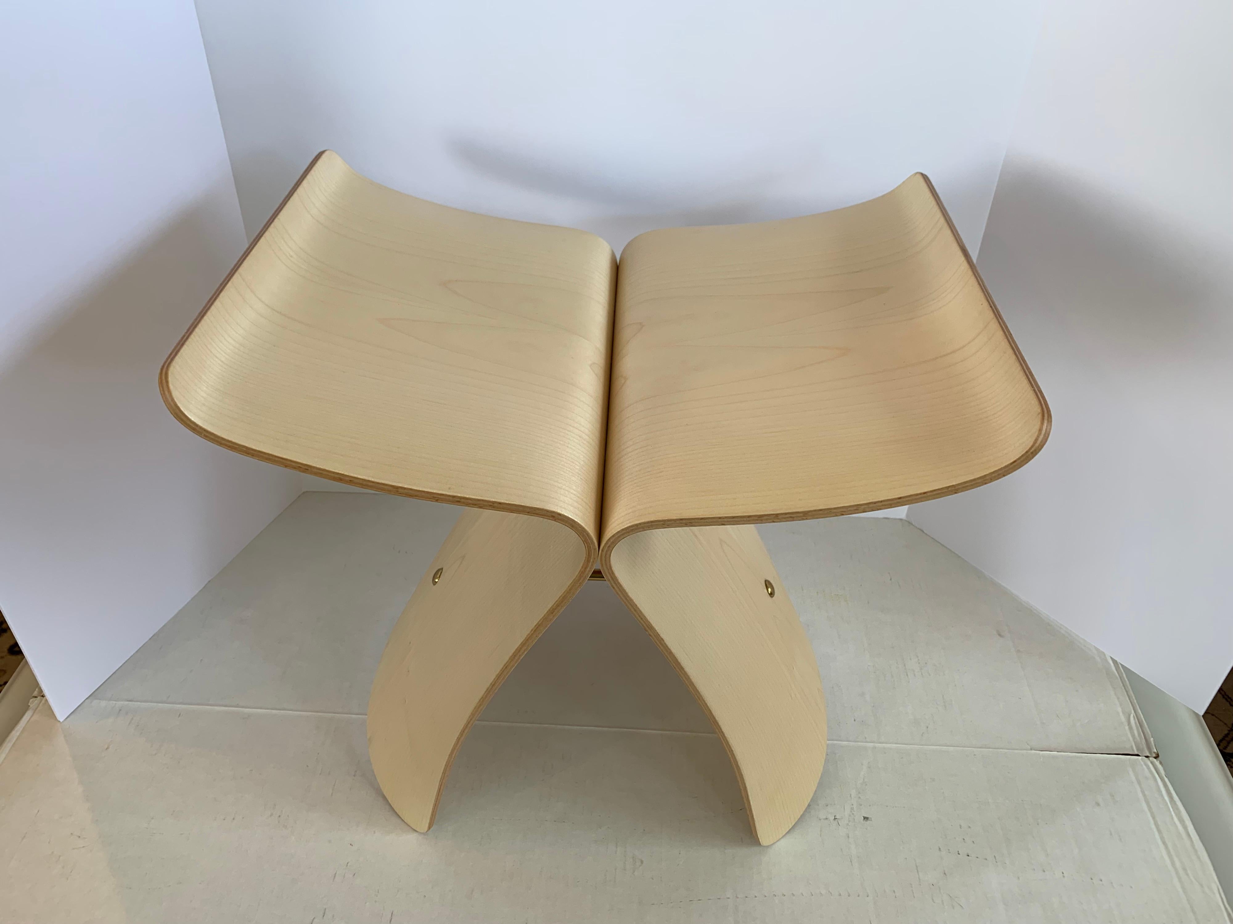Mid-Century Modern Vitra Signed Butterfly Stool in Maple Plywood and Brass by Sori Yanagi