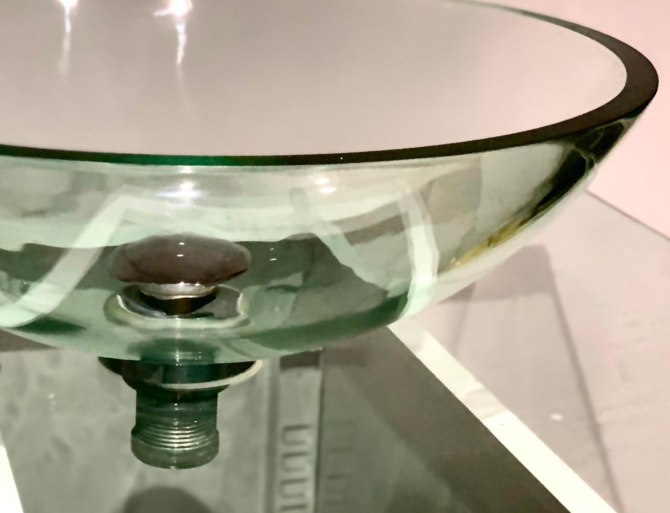 Modern Vitraform Large Round Polished Clear Vessel Sink& Rounded Clear Glass Countertop