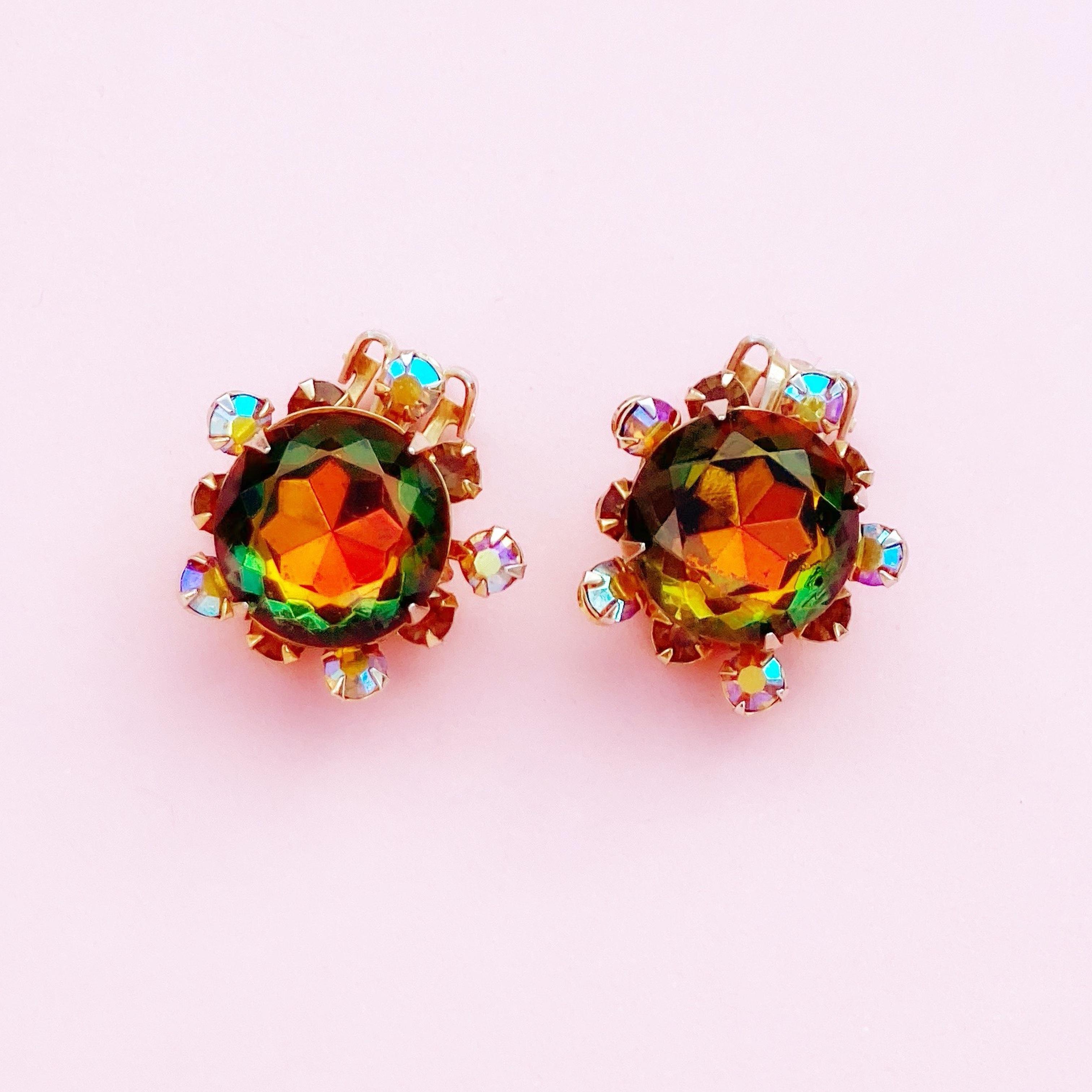 Modern Vitrail & Aurora Borealis Crystal Rhinestone Earrings by Beau Jewels, 1960s