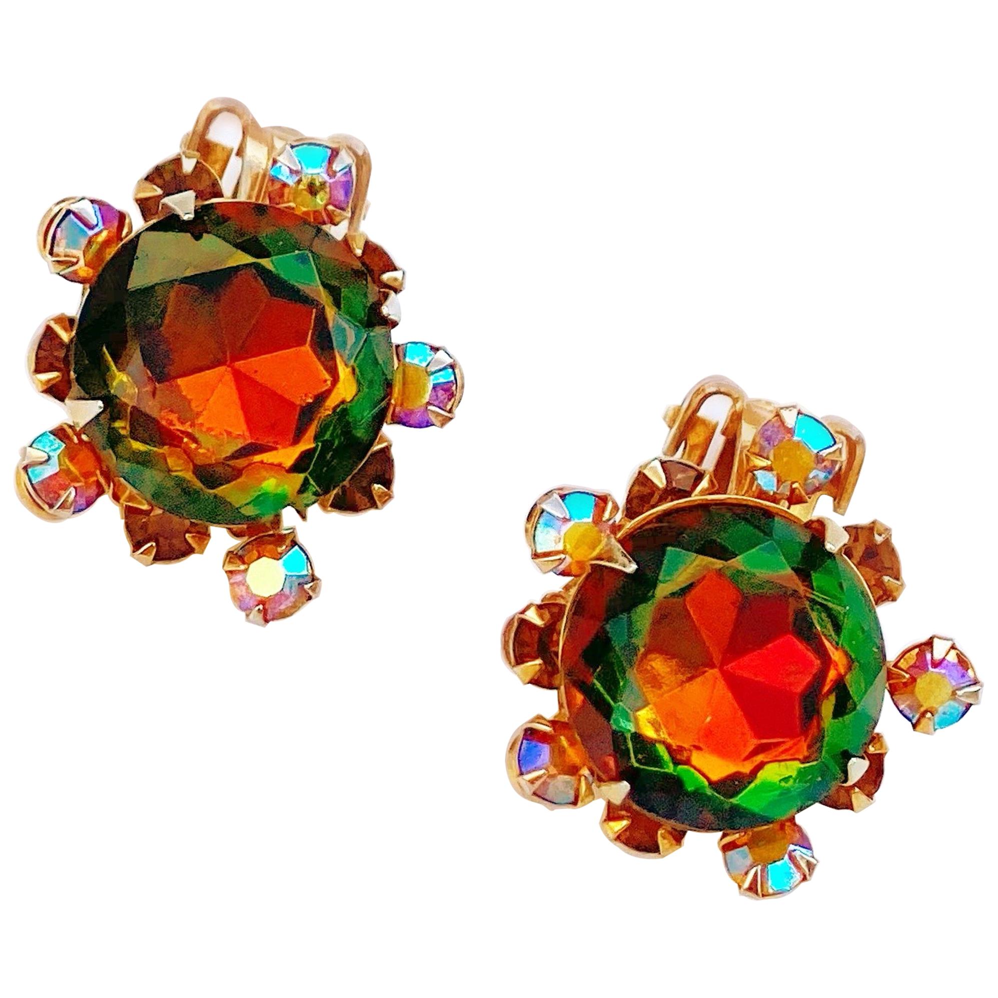 Vitrail & Aurora Borealis Crystal Rhinestone Earrings by Beau Jewels, 1960s