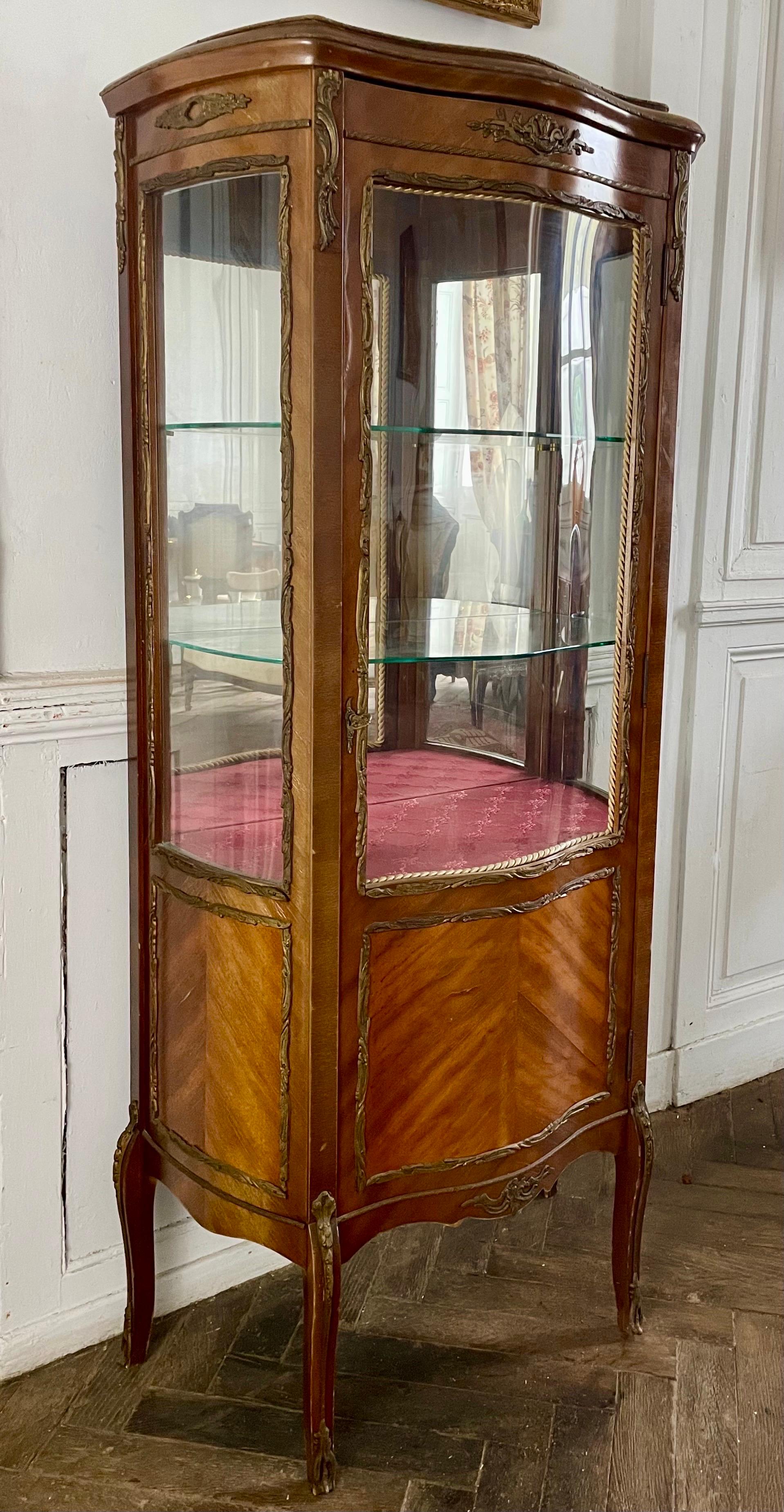 Cabinet Vitrine Acajou Marqueterie Bronze Miroir - époque Louis XV - Napoléon III en vente 3