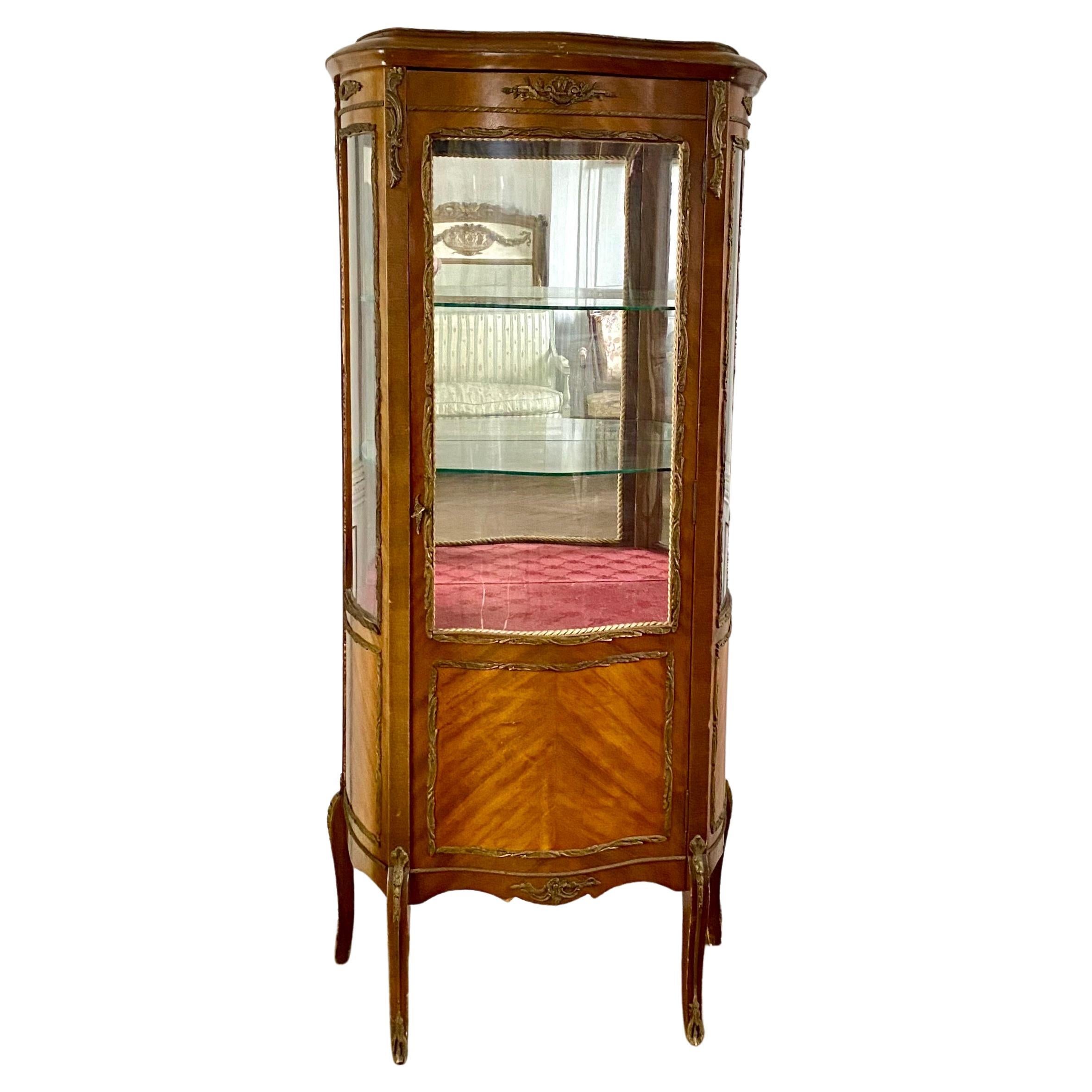 Cabinet Vitrine Acajou Marqueterie Bronze Miroir - époque Louis XV - Napoléon III en vente