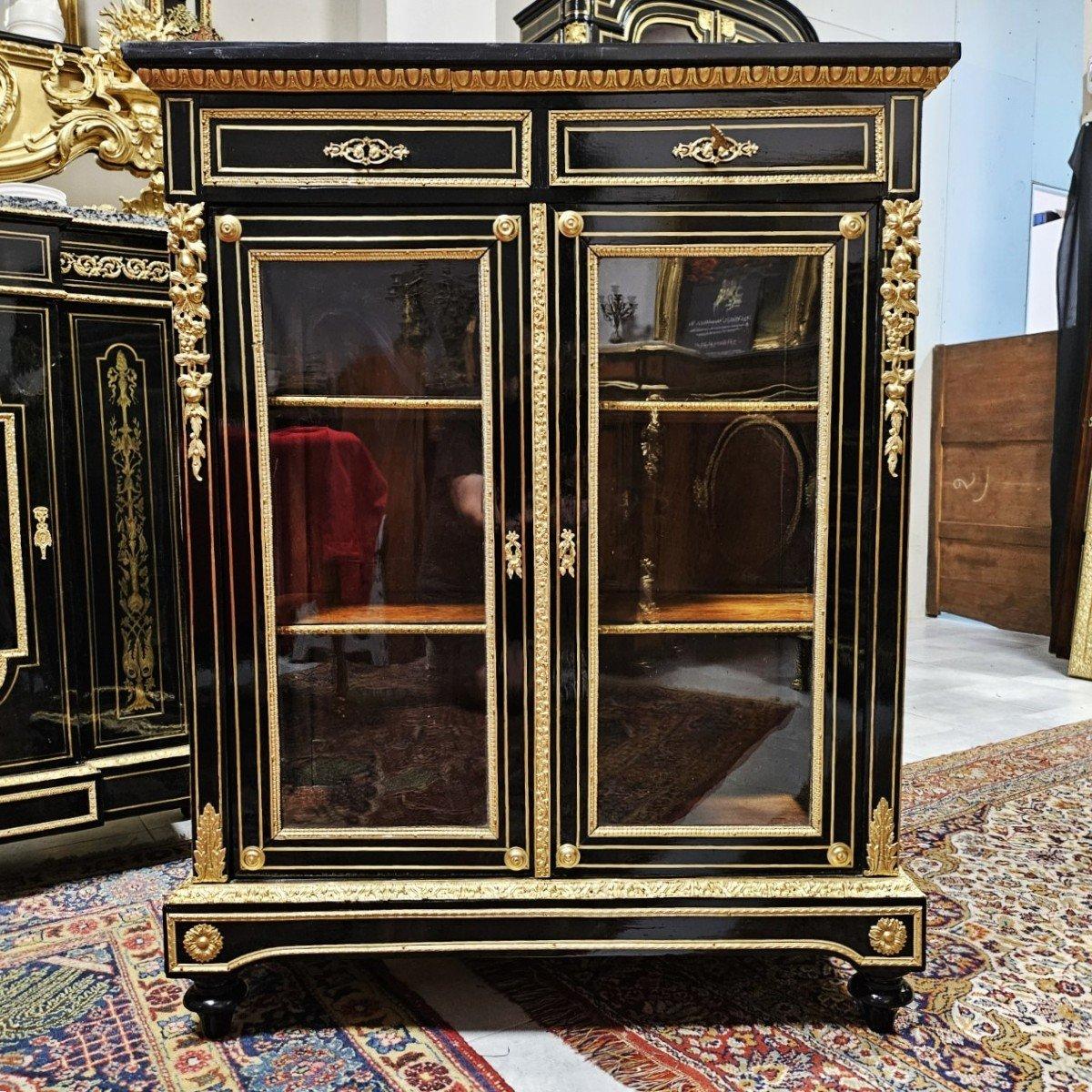 Vitrine Bookcase Napoleon III Boulle 19th Century Black Glass Gilt  Bronze 5