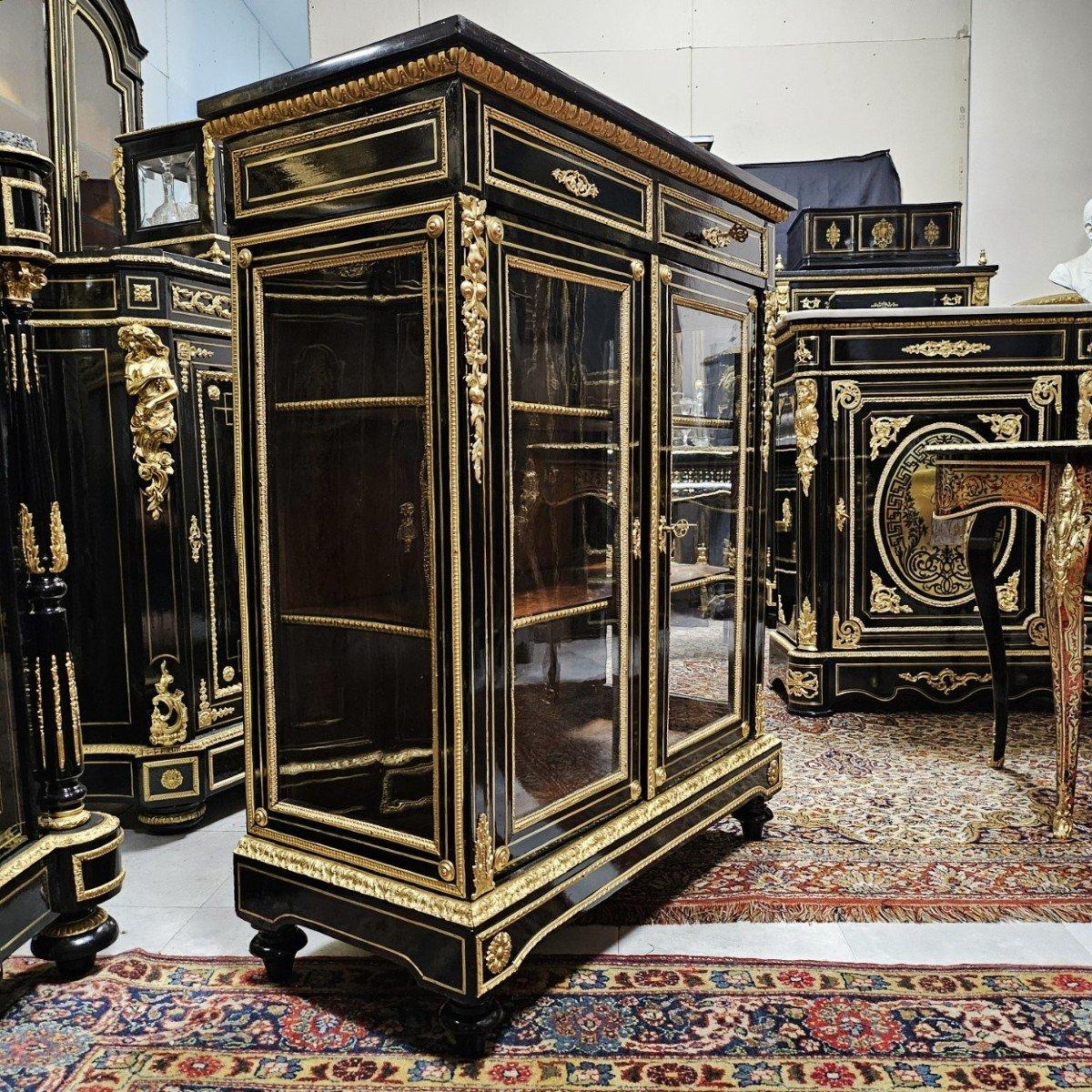 French Vitrine Bookcase Napoleon III Boulle 19th Century Black Glass Gilt  Bronze