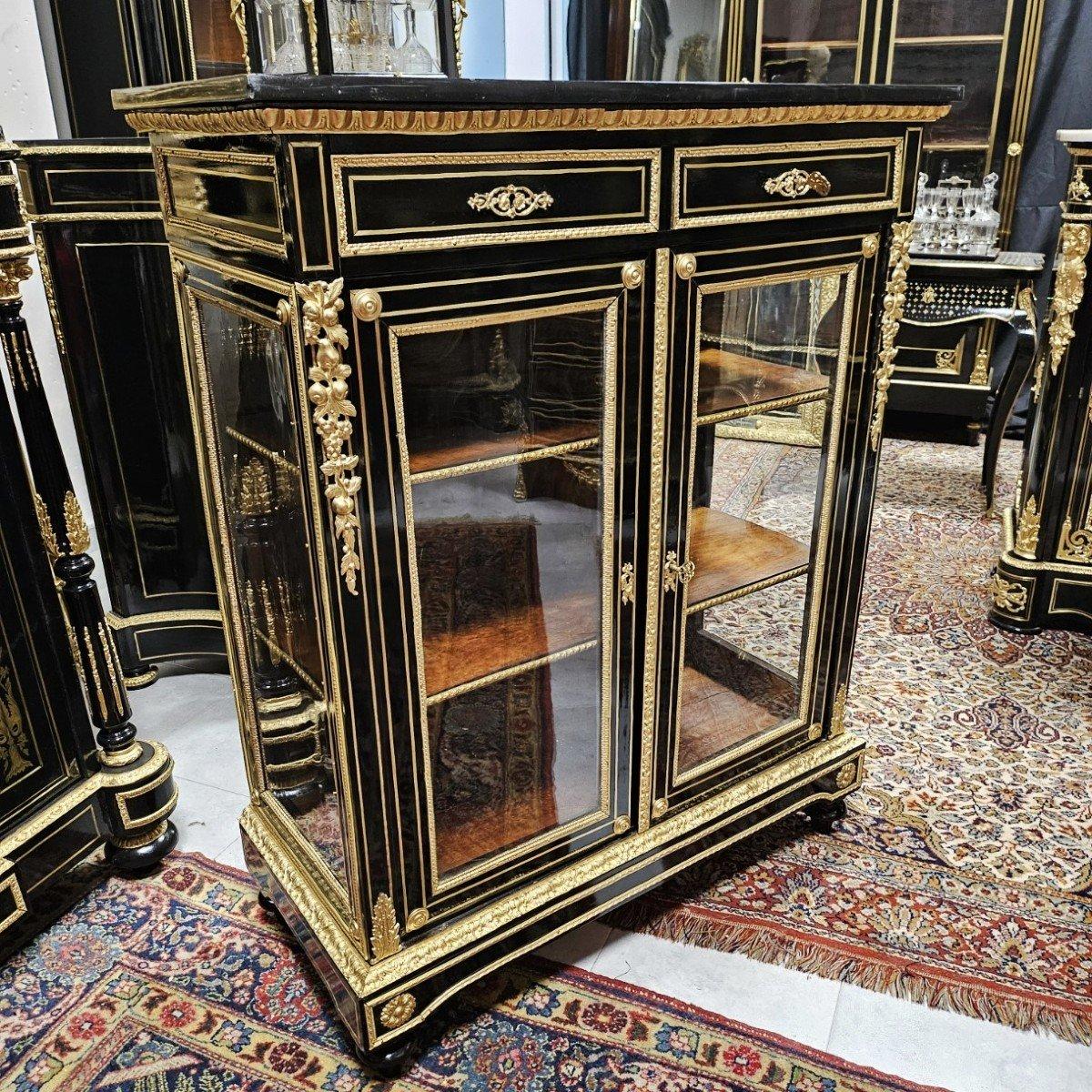 Mid-19th Century Vitrine Bookcase Napoleon III Boulle 19th Century Black Glass Gilt  Bronze