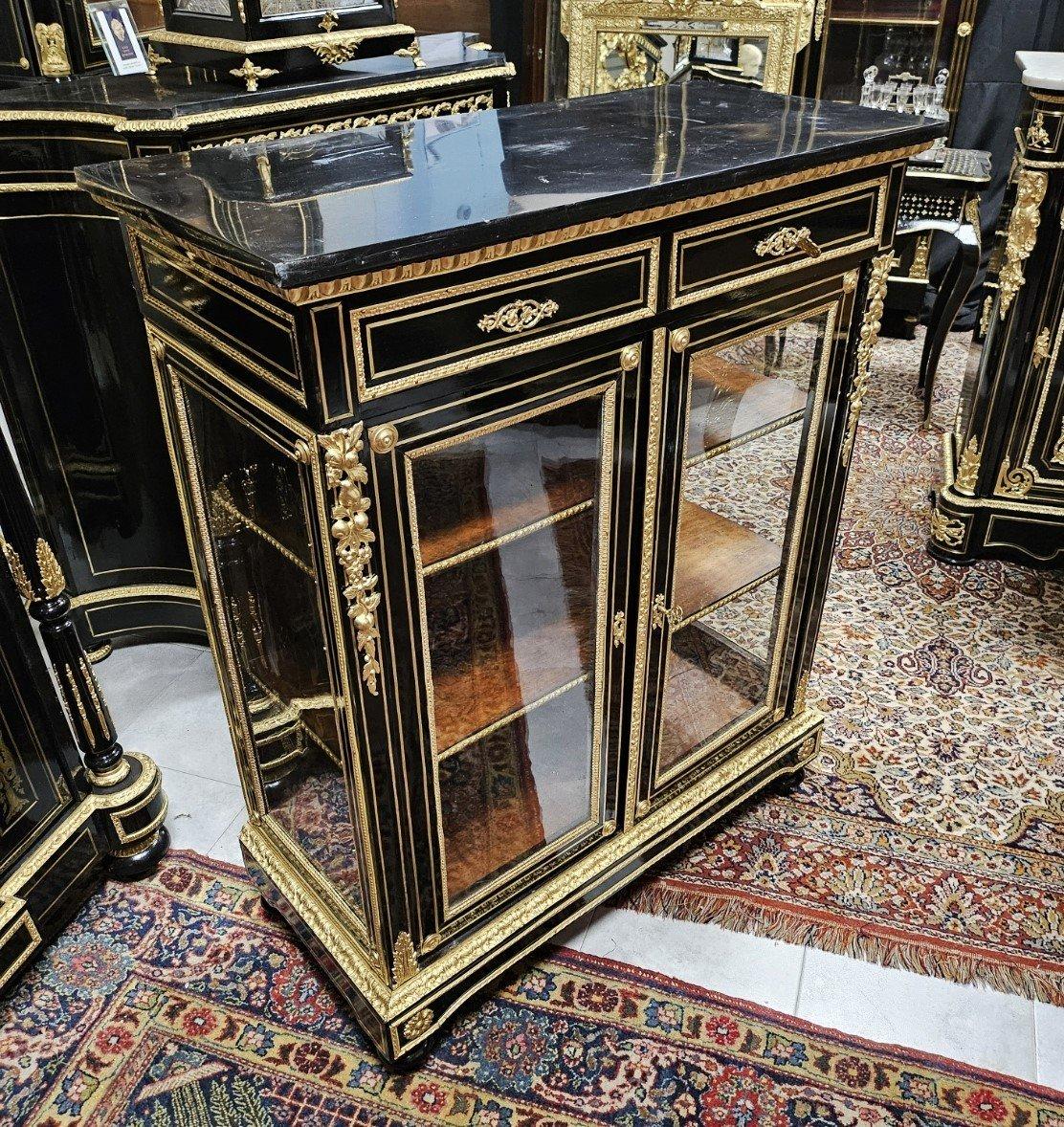 Brass Vitrine Bookcase Napoleon III Boulle 19th Century Black Glass Gilt  Bronze