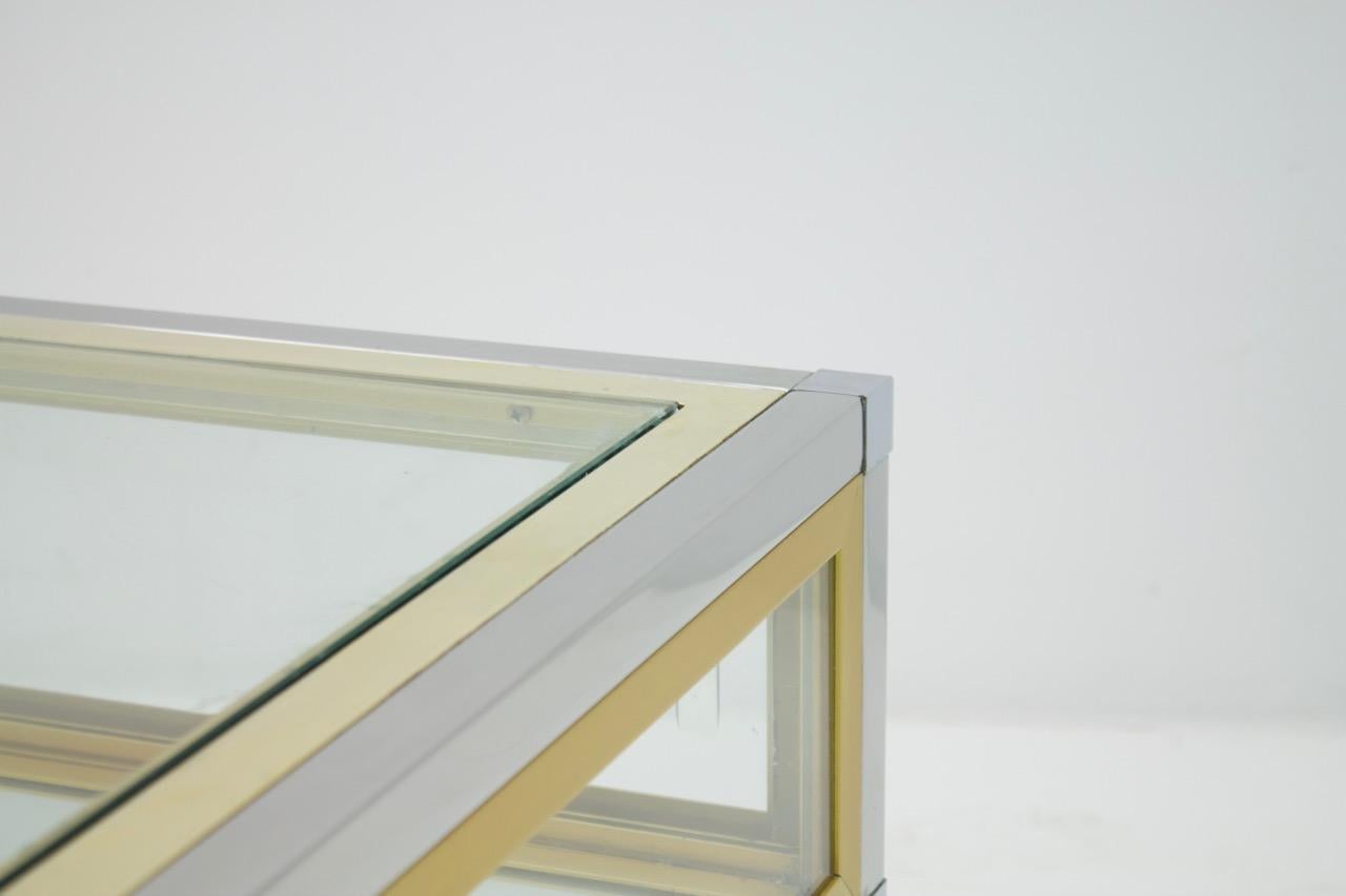 French Vitrine Coffee Table in Chrome, Brass and Glass, France 1970s