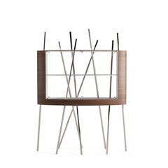 Modern Vitrine Display Case Walnut Wood White Lacquer Brushed Stainless Steel