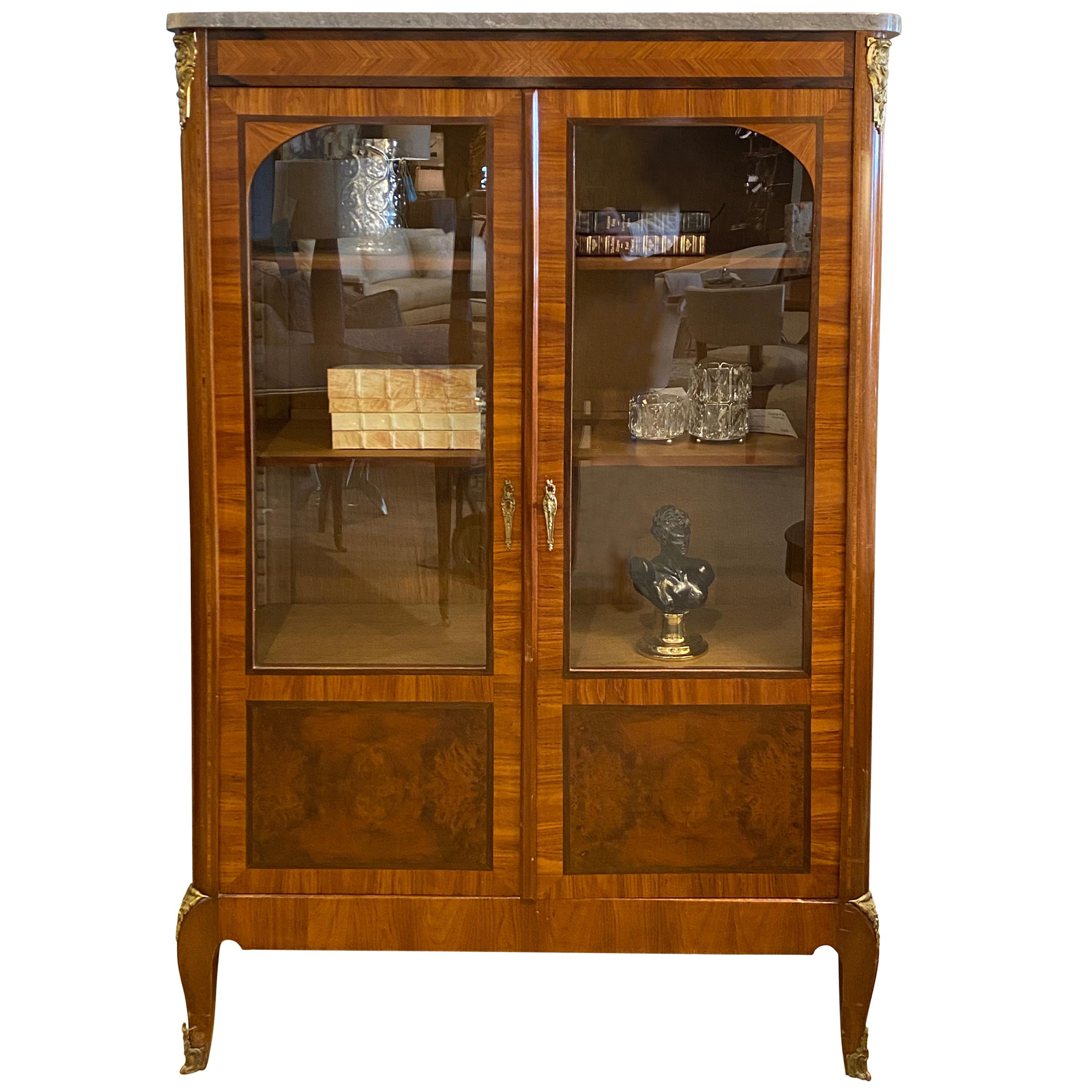 Vitrine French 2 Door with Marble Top, Ormolu Mounts, Louis XV Styling