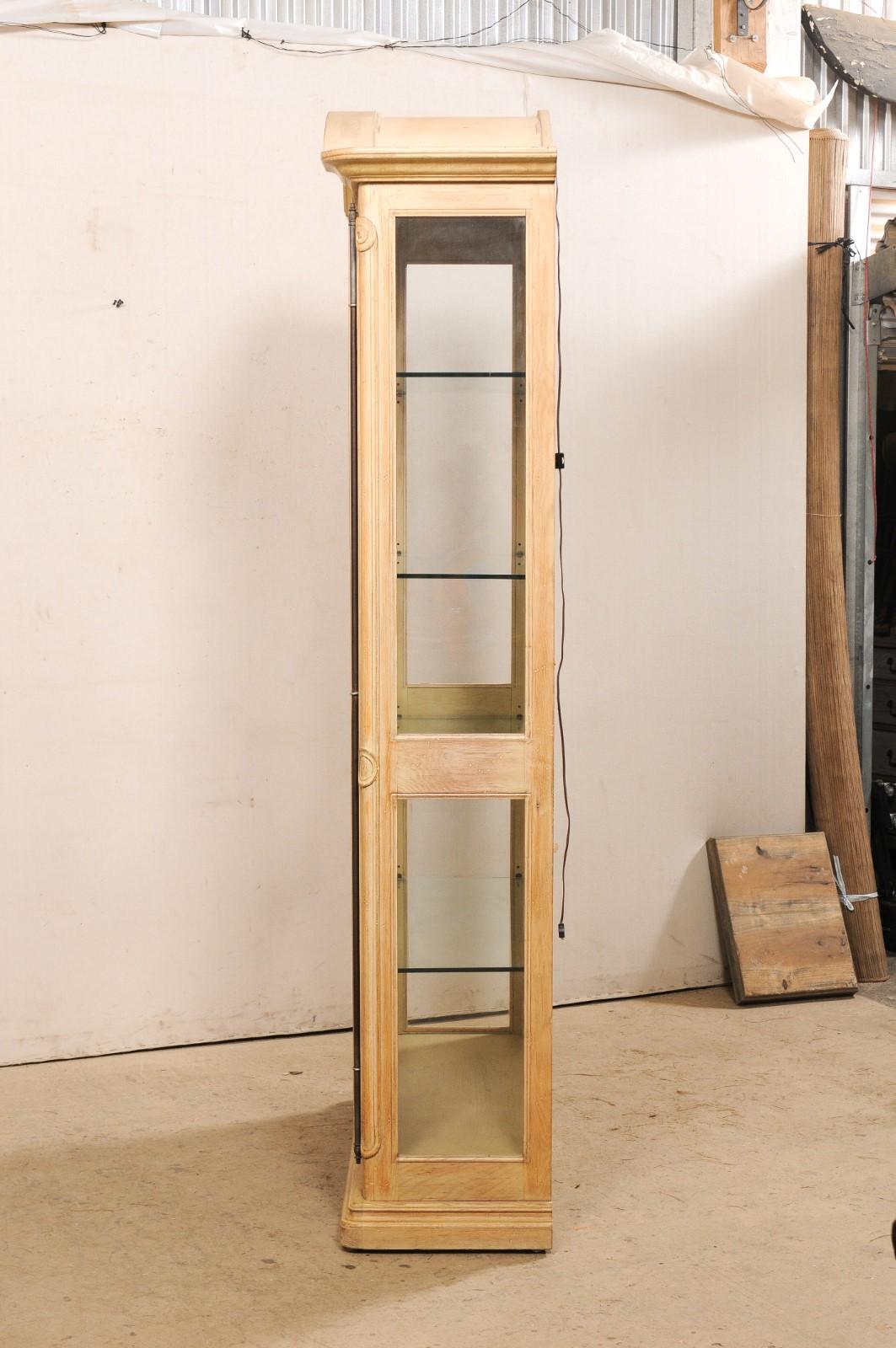 Wood Vitrine with Arch-Pediment Top, Glass Shelving & Wire Front Door For Sale