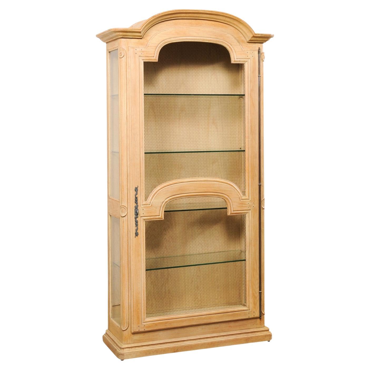 Vitrine with Arch-Pediment Top, Glass Shelving & Wire Front Door For Sale
