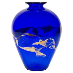 Jarrón azul cobalto y dorado de Vitrix Hot Glass Studio, Nueva York Art Glass