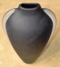 Vitrix Studio Blown Black Scavo Clear Art Glass Vase Thomas Buechner Op Art 80s