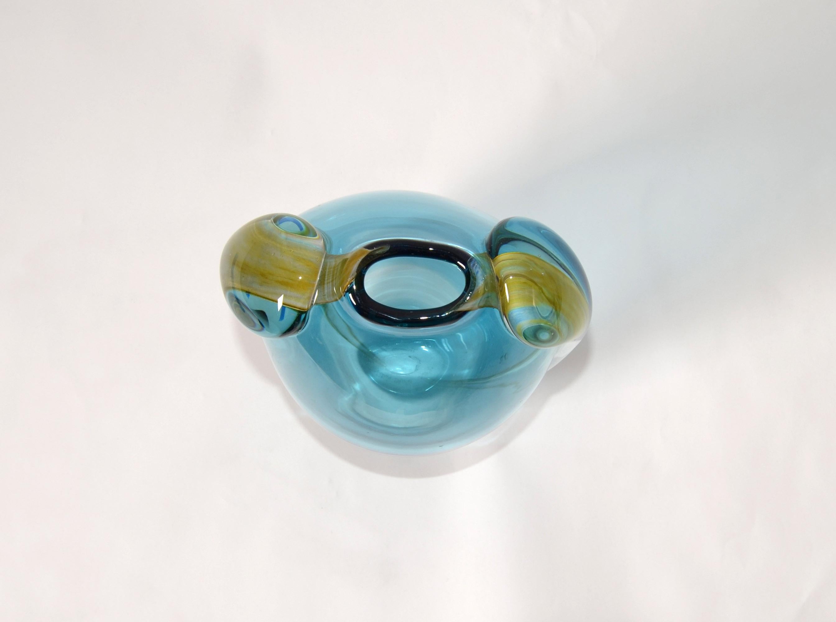 Vitrix Studio Blown Light Blue & Gold Art Glass Vase Thomas Buechner Op Art 80s For Sale 3